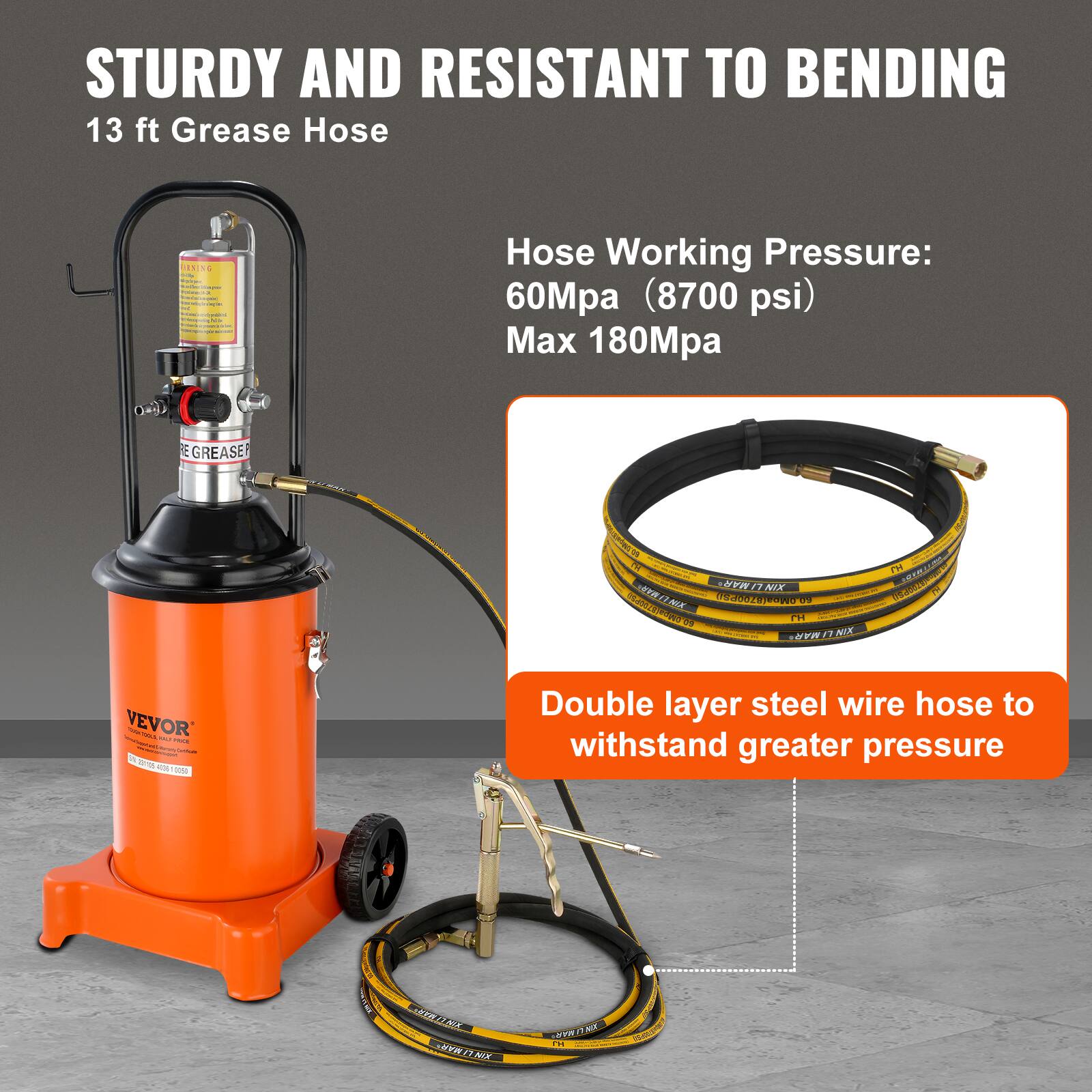 STURDY AND RESISTANT TO BENDING  
13 ft Grease Hose  

Hose Working Pressure:  
60Mpa (8700 psi)  
Max 180Mpa  

Double layer steel wire hose to withstand greater pressure