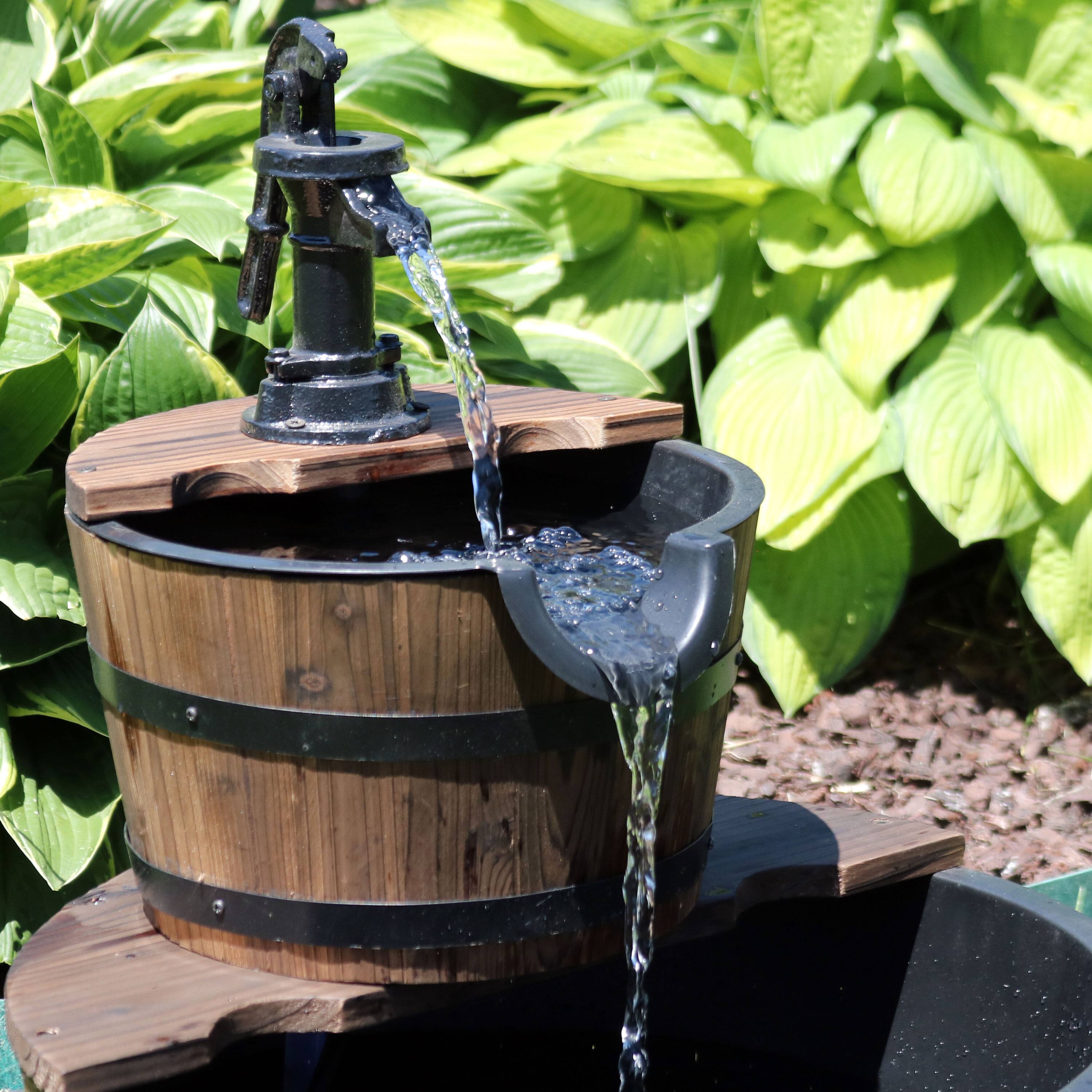 Alt View 7. Sunnydaze - Wooden Bowl/Barrel Water Fountain with Hand Pump/Liner - 23 in - Brown.