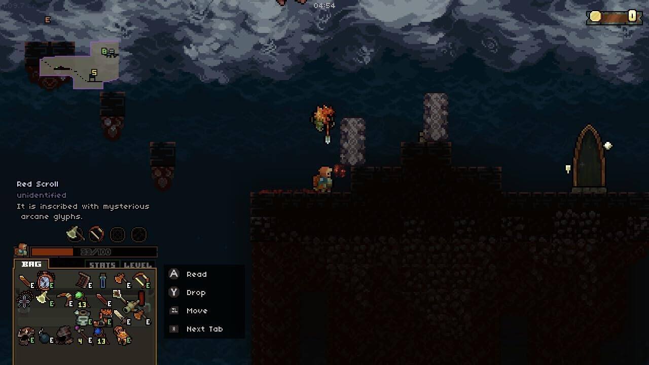 04:54 E 5 Red Scroll unidentified It is inscribed with mysterious arcane glyphs. BAG E E E 33//100 STATS LEVEL E E E E 13 E A Read Y Drop ZL Move + E E 4 E E E 13 E E E R Next Tab