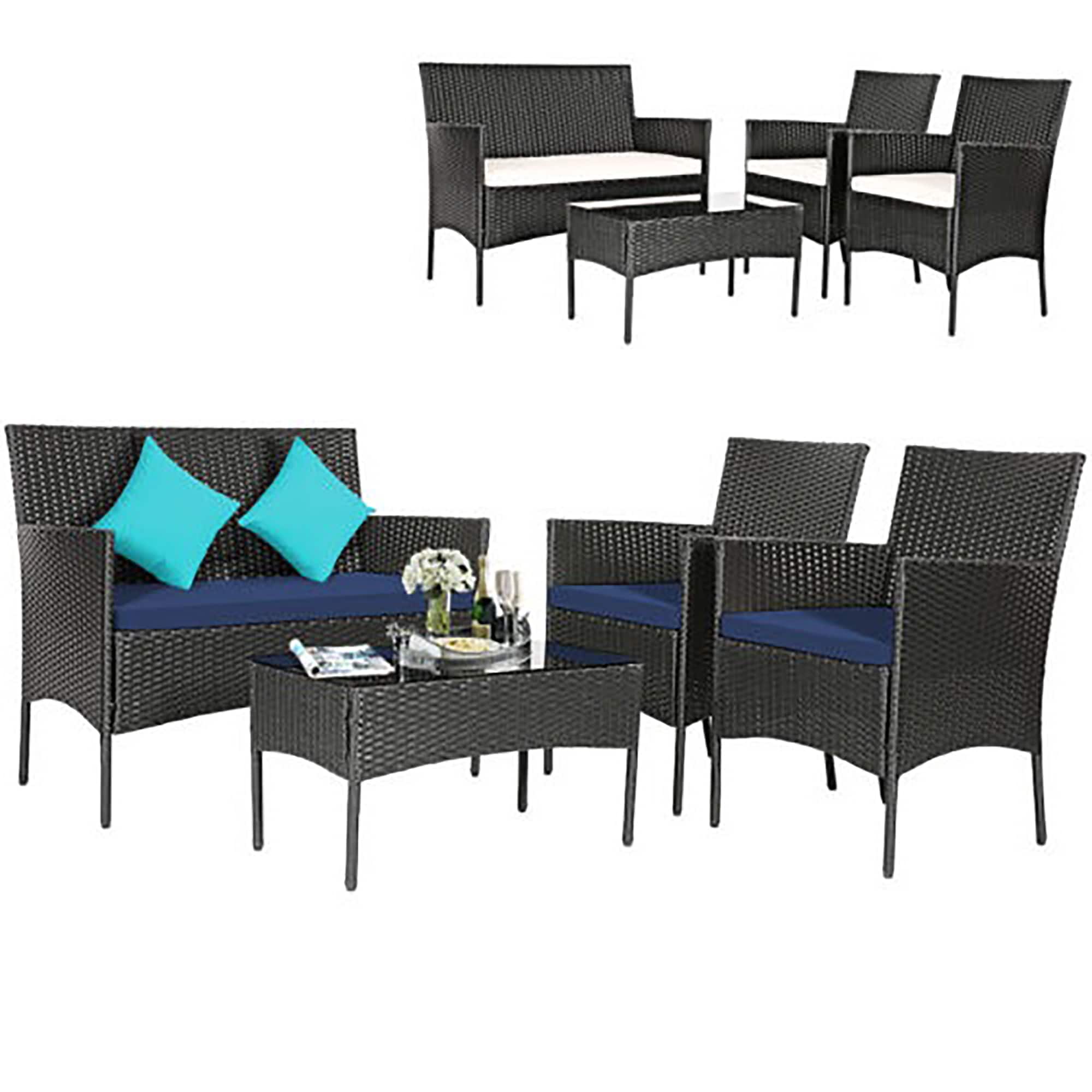 Gymax - 4PCS Outdoor Furniture Set Patio Rattan Conversation Set w/ Navy & Off White Cushion - Navy, Off White price history on PriceWatchPro