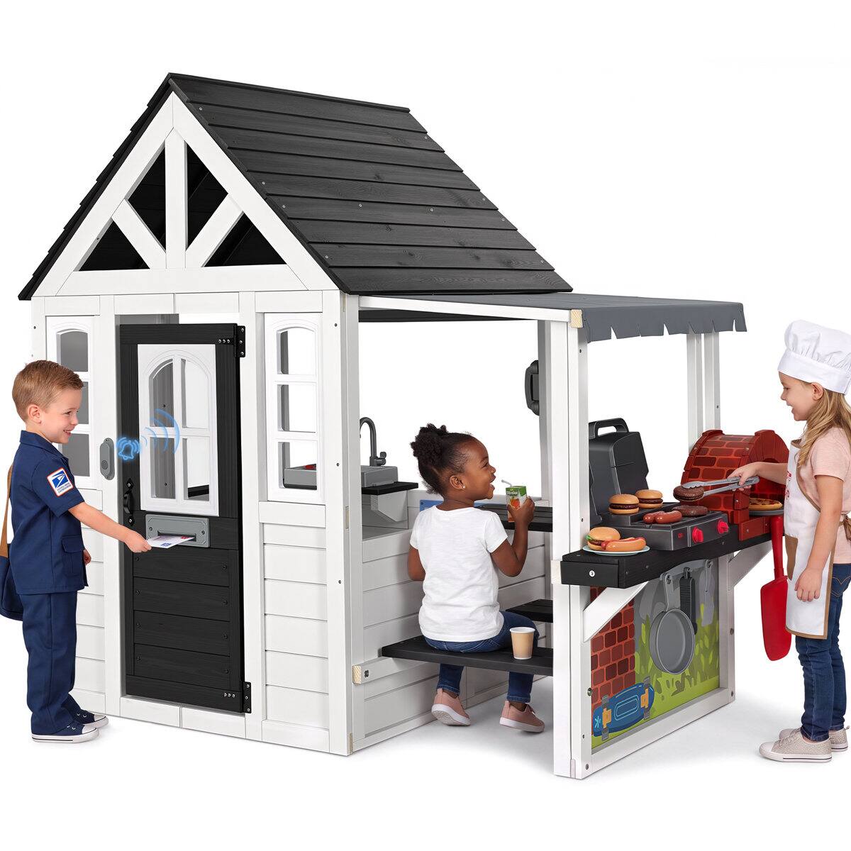 Angle. Wisairt - Wooden Outdoor Playhouse with BBQ Grill, Pizza Oven and Kitchen, Farmhouse Style for Kids Ages 3-8 - Black,White.