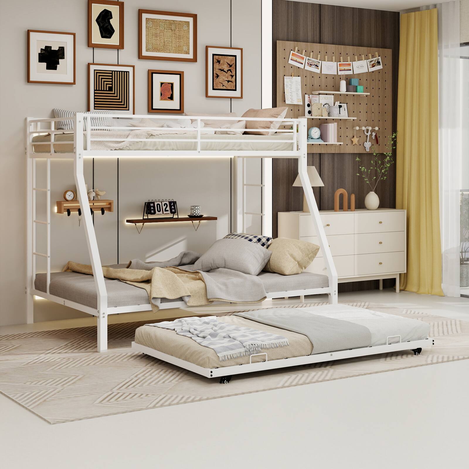 Left. Loheer - Loheer Metal Triple Bunk Bed Twin Over Full with Twin Trundle White Steel Frame Heavy Duty - White.