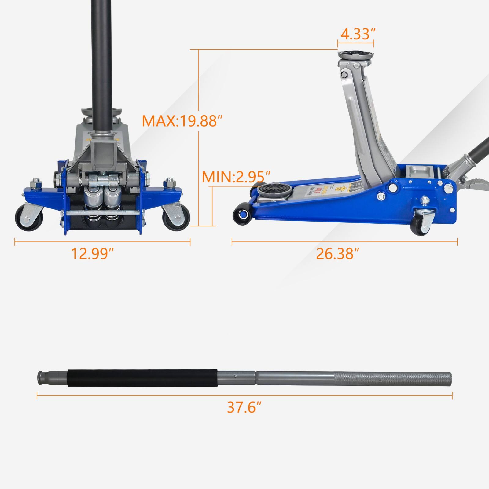 - 4.33"
- MAX: 19.88"
- MIN: 2.95"
- 12.99"
- 26.38"
- 37.6"