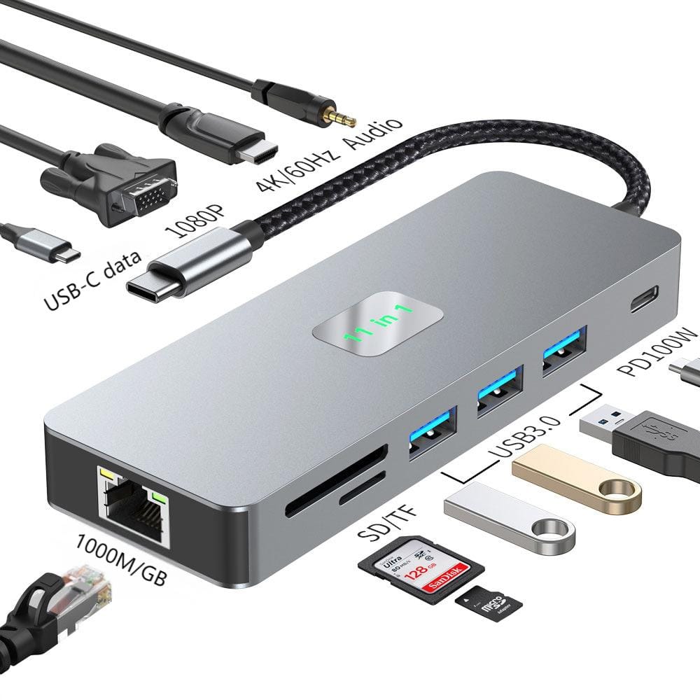 Cluzine - 11-in-1 Type-C Hub Docking Station HDMI2.0 VGA Gigabit Ethernet 3x USB3.0 USB-C Data 100W PD 3.5mm Audio SD TF Card