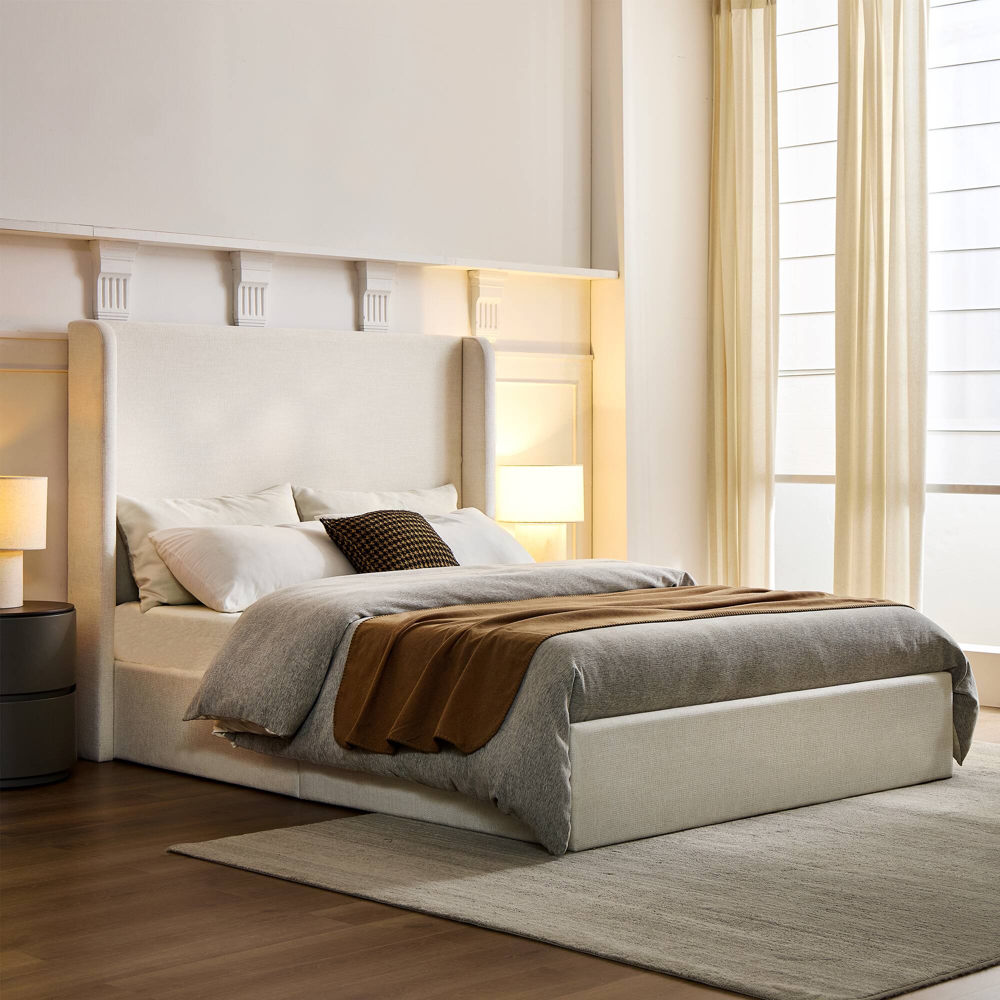 Angle. Anysun - King Wingback Platform Bed - Chenille, 52.3" High Headboard, No Box Spring, Easy Assembly & No Noise - Ivory.