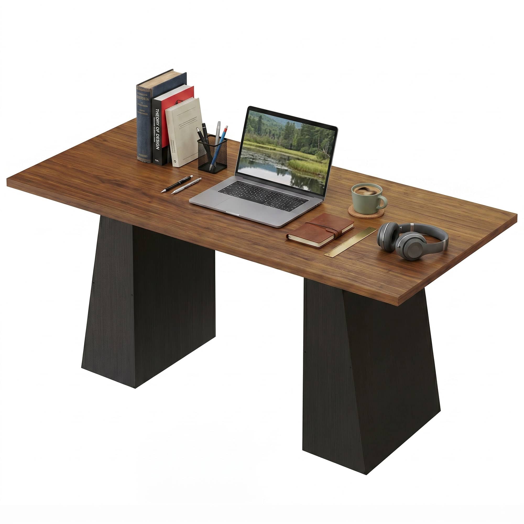 Homcom - Inch Computer Desk with Trapezoidal Frame Light Walnut and - Light Walnut and Black