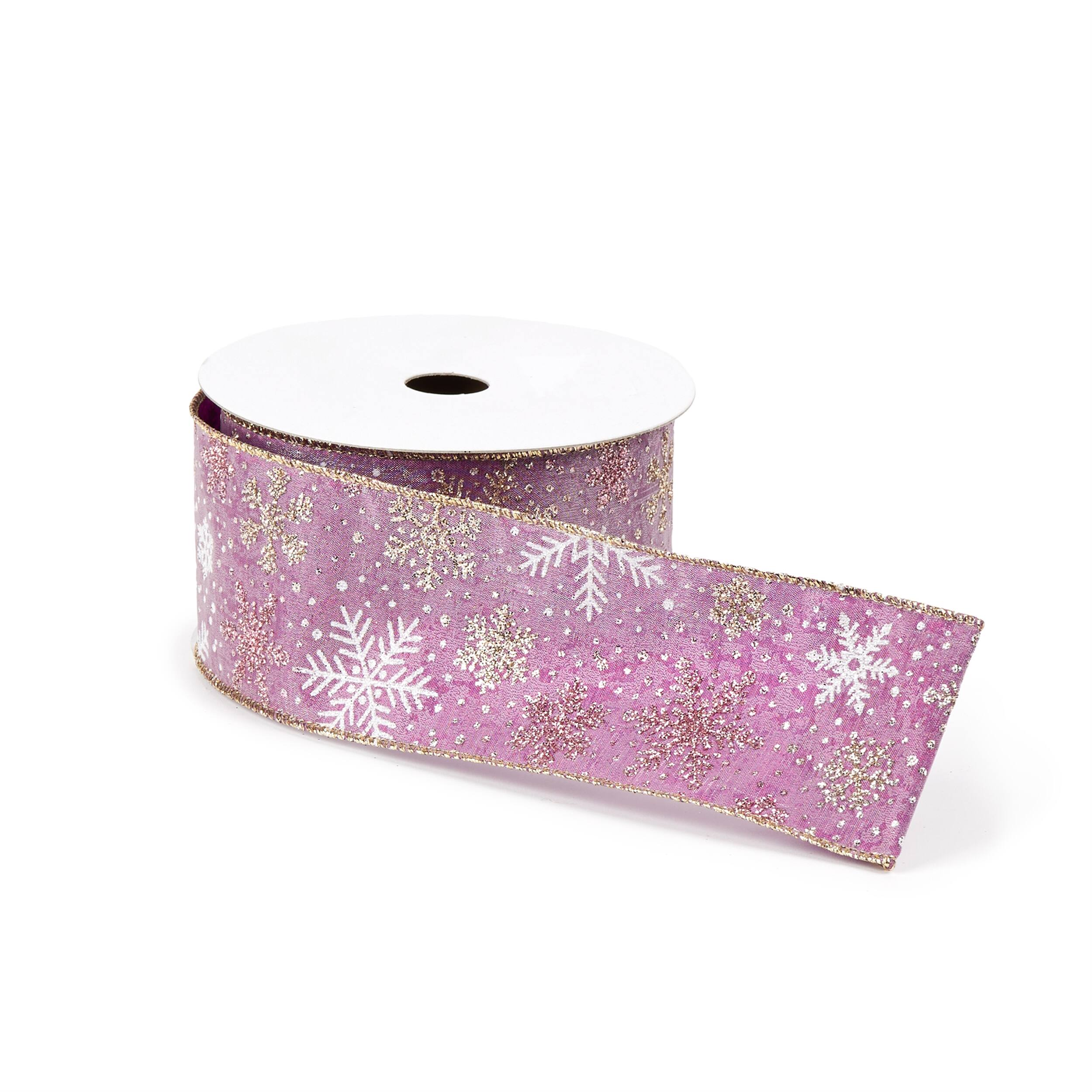 Left. BreeBe - Mauve and Glitter Snowflake Wired Ribbon 2.5" x 10yds. - Pink, Gold, White.