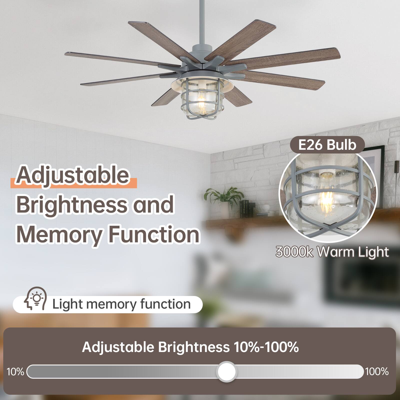 Adjustable Brightness and Memory Function

E26 Bulb

3000k Warm Light

Light memory function

Adjustable Brightness 10%-100%