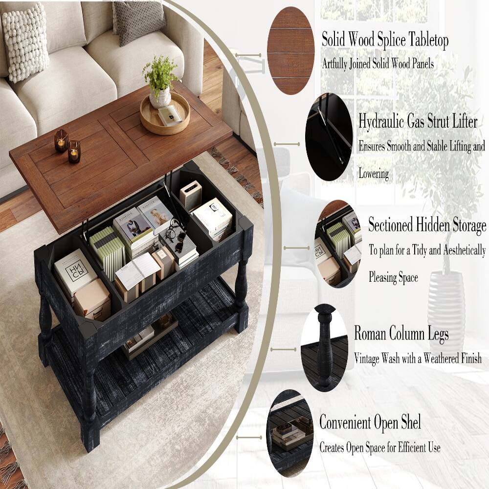 Solid Wood Splice Tabletop  
Artfully Joined Solid Wood Panels

Hydraulic Gas Strut Lifter  
Ensures Smooth and Stable Lifting and Lowering

Sectioned Hidden Storage  
To plan for a Tidy and Aesthetically Pleasing Space

Roman Column Legs  
Vintage Wash with a Weathered Finish

Convenient Open Shel  
Creates Open Space for Efficient Use