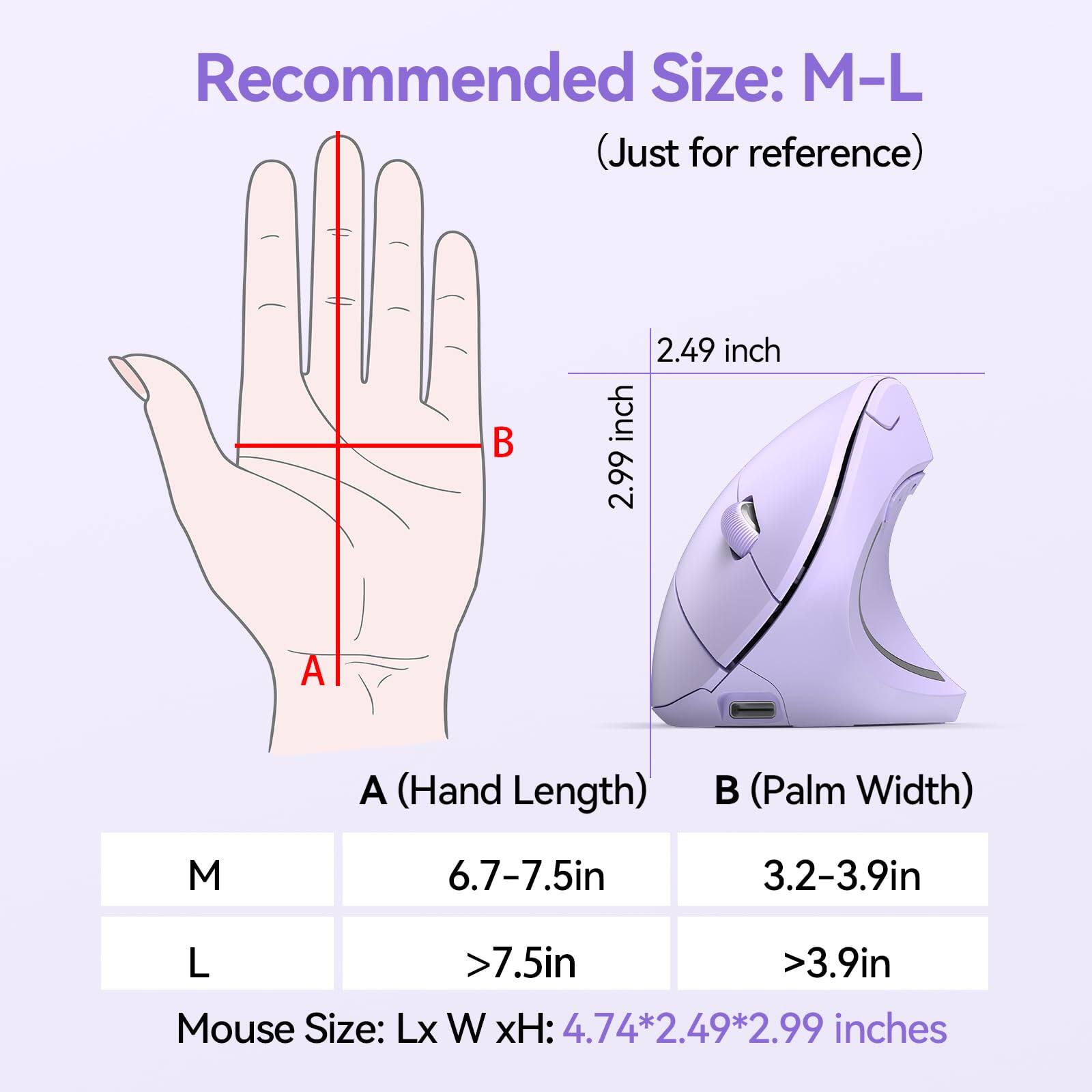 Recommended Size: M-L (Just for reference)

A (Hand Length) B (Palm Width)

M 6.7-7.5in 3.2-3.9in

L >7.5in >3.9in

Mouse Size: Lx W xH: 4.74*2.49*2.99 inches
