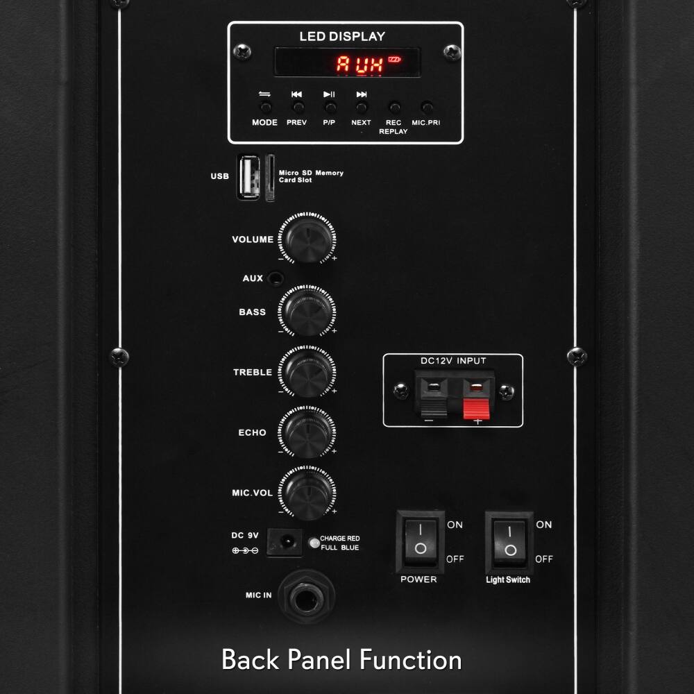 LED DISPLAY  
8 UH  

MODE PREV P/P NEXT REC MIC.PRI REPLAY  

USB  
Micro SD Memory Card Slot  

VOLUME  

AUX  

BASS  

TREBLE  

ECHO  

MIC.VOL  

DC 9V  
CHARGE FULL BULB  

DC12V INPUT  

POWER ON/OFF  

Light Switch ON/OFF  

MIC IN  

Back Panel Function