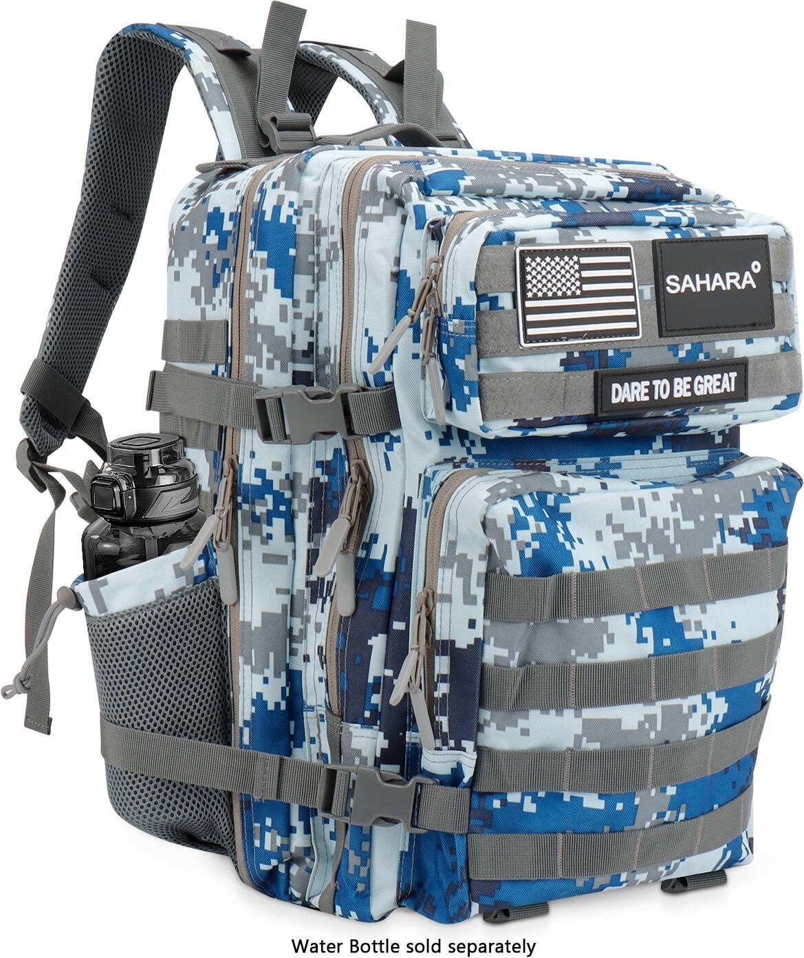 The image features a blue and grey backpack with a water bottle attached to it. The backpack is made by Sahara and has a patriotic design. The water bottle is sold separately and is not included with the backpack.