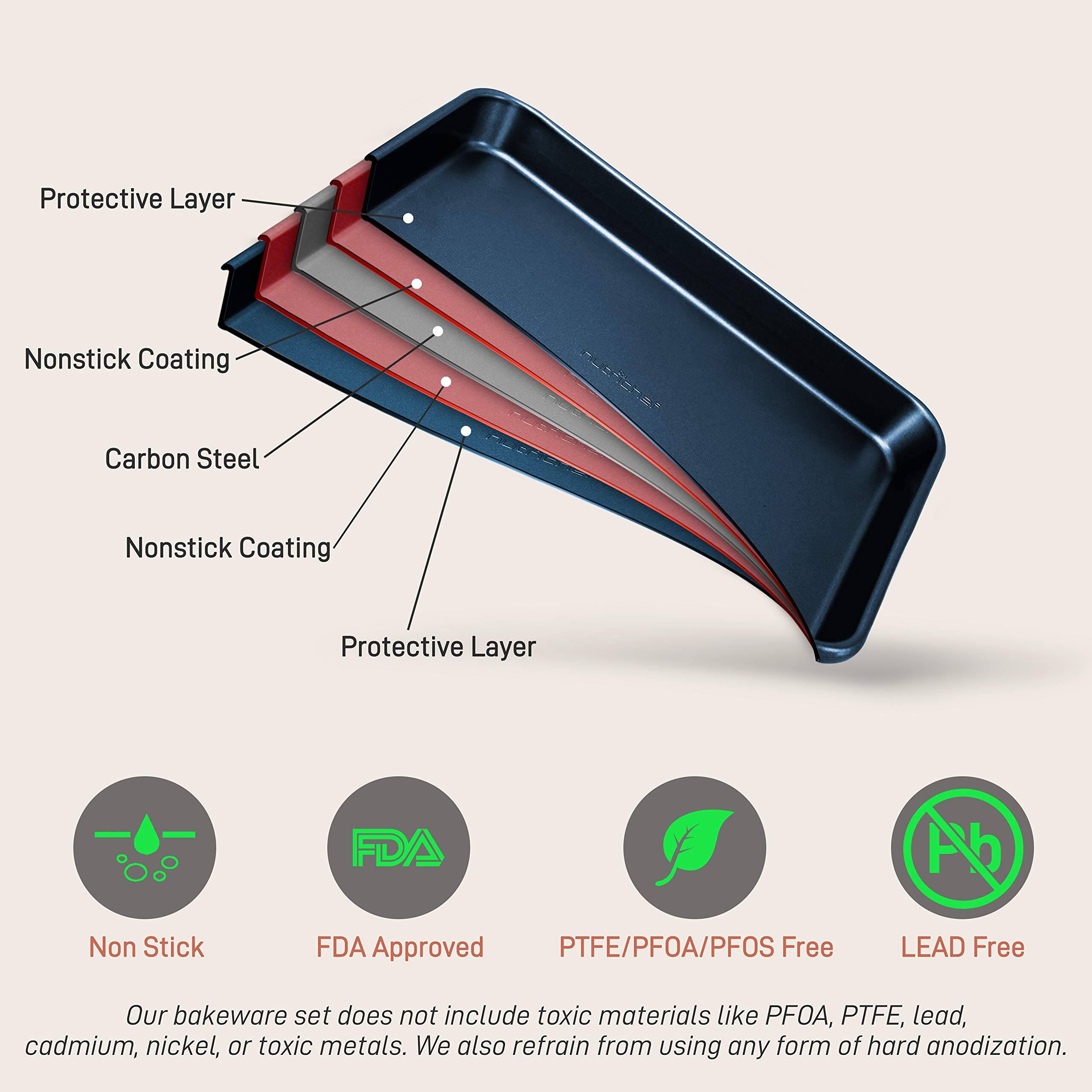 Protective Layer, Nonstick Coating, Carbon Steel, Nonstick Coating, Protective Layer, FDA Approved, Non Stick, PTFE/PFOA/PFOS Free, LEAD Free, Our bakeware set does not include toxic materials like PFOA, PTFE, lead, cadmium, nickel, or toxic metals. We also refrain from using any form of hard anodization.
