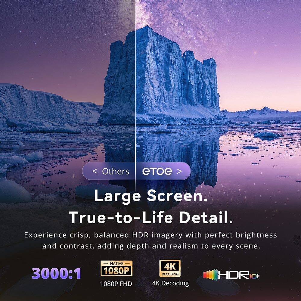 Others  
Large Screen. True-to-Life Detail.  
Experience crisp, balanced HDR imagery with perfect brightness and contrast, adding depth and realism to every scene.  
NATIVE 3000:1 1080P FHD  
4K DECODING 4K Decoding  
HDR