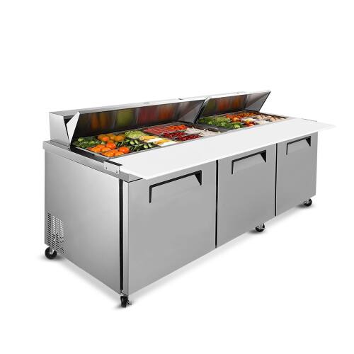 Alt View 8. WHALL - WHALL 72" Commercial Sandwich Prep Refrigerator, 3 Door Stainless Salad Table with Cutting Board, R290, ETL Certified - Silver.