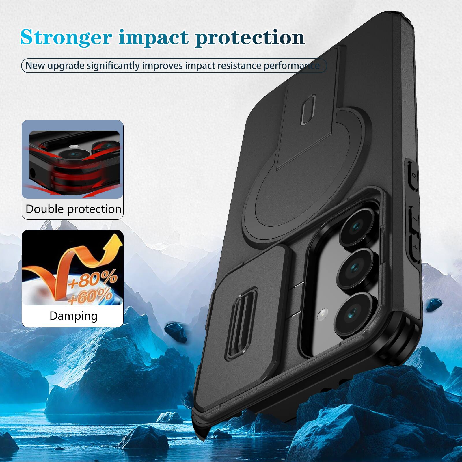 Stronger impact protection  
New upgrade significantly improves impact resistance performance  
Double protection  
+80% +60% Damping