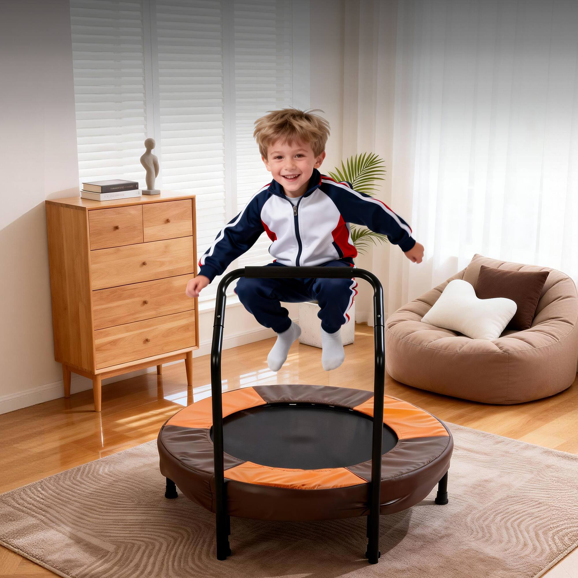 Alt View 1. Ecooso - 36" Foldable Toddler Trampoline w/ Foam Handle, Safety Pad, Easy Setup, Indoor/Outdoor, Ages 1-6 - Orange+Dark Brown.