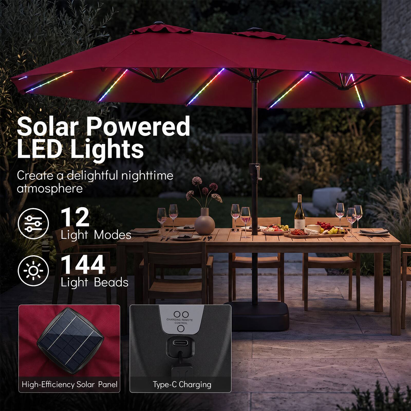 Solar Powered LED Lights  
Create a delightful nighttime atmosphere  
12 Light Modes  
144 Light Beads  

High-Efficiency Solar Panel  
Type-C Charging