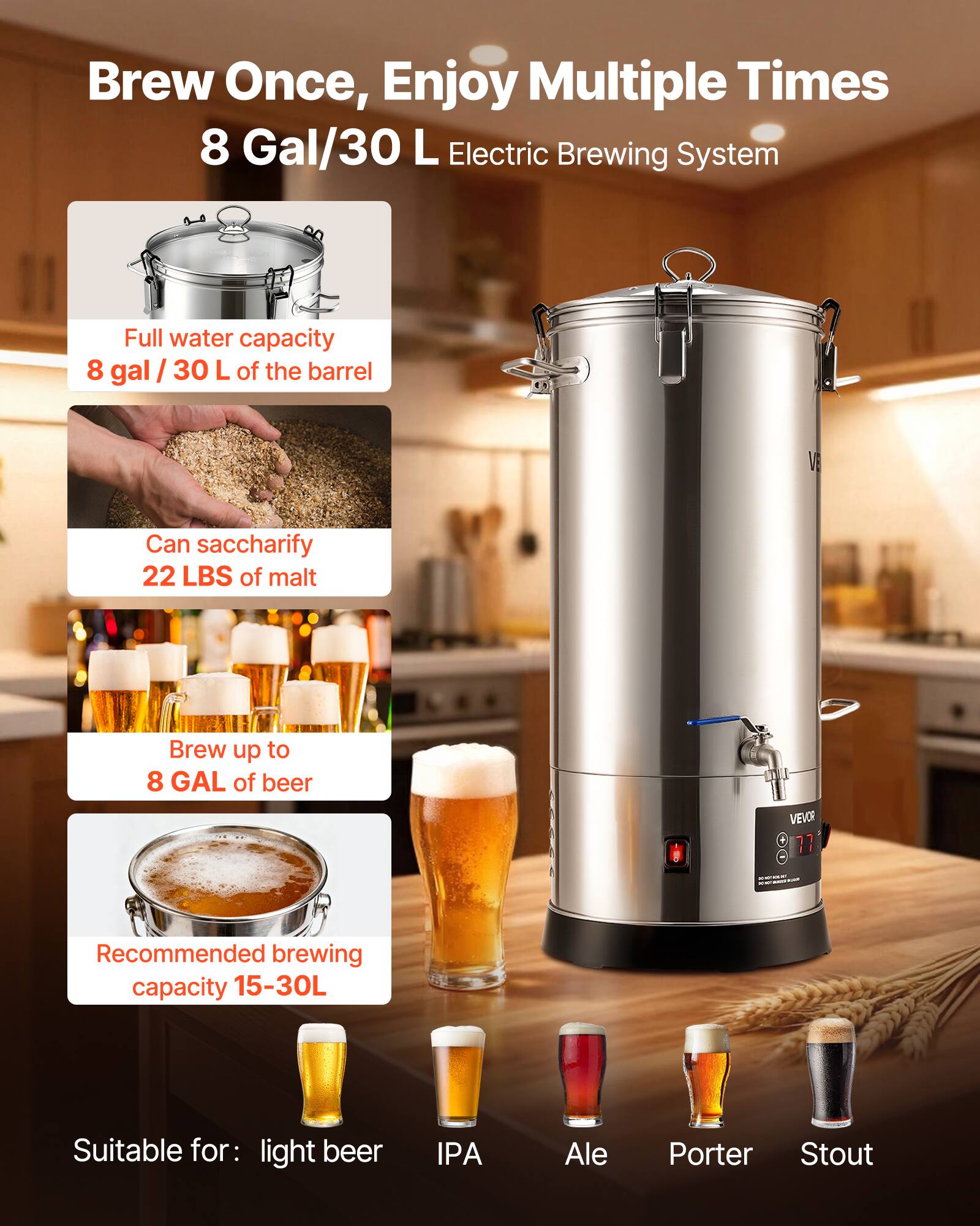 Brew Once, Enjoy Multiple Times  
8 Gal/30 L Electric Brewing System

- Full water capacity: 8 gal / 30 L of the barrel
- Can saccharify 22 LBS of malt
- Brew up to 8 GAL of beer
- Recommended brewing capacity: 15-30L
- Suitable for: light beer, IPA, Ale, Porter, Stout