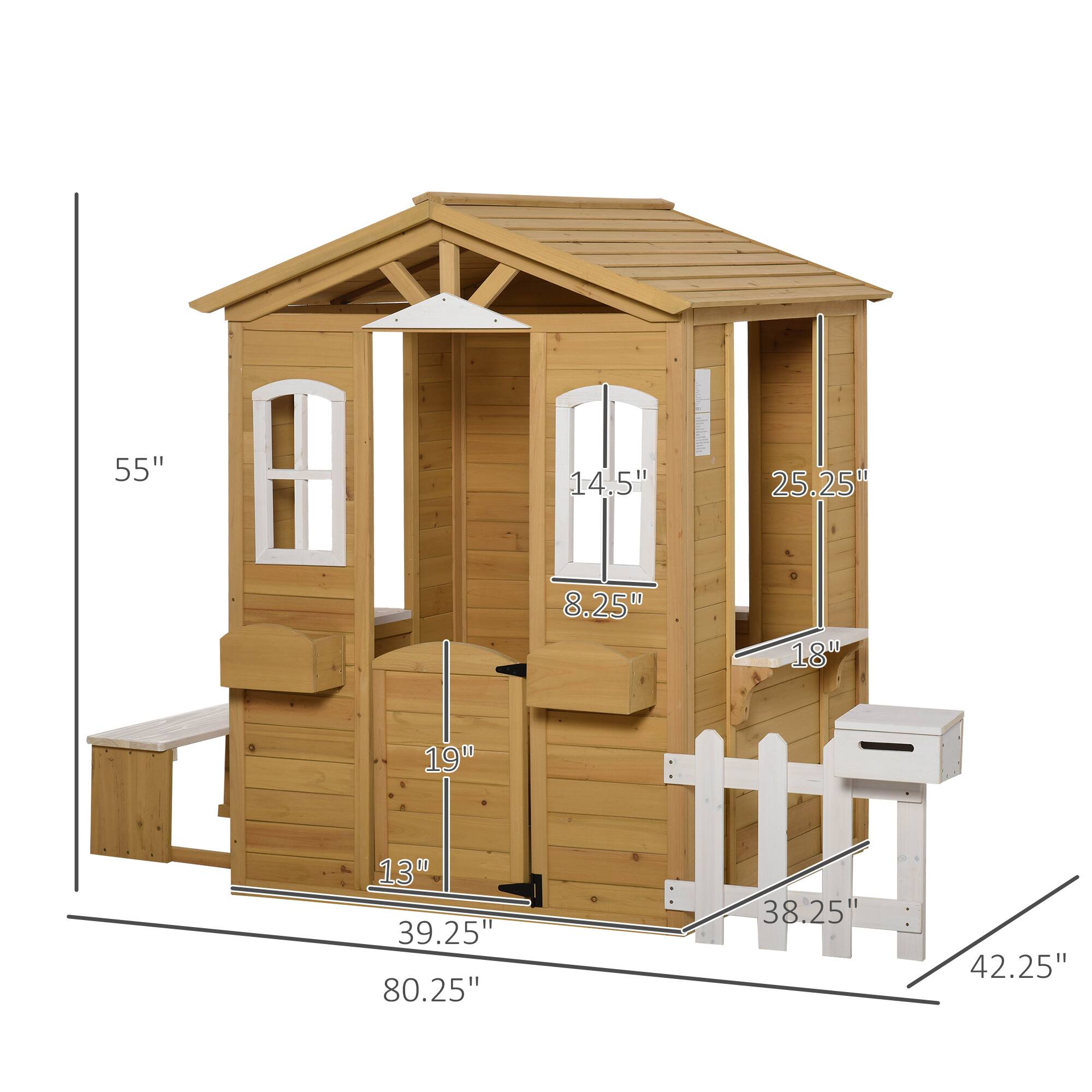 Left. Outsunny - Outdoor Playhouse for Kids Wooden Cottage with Working Doors Windows & Mailbox, Pretend Play House for Age 3-6 Years.