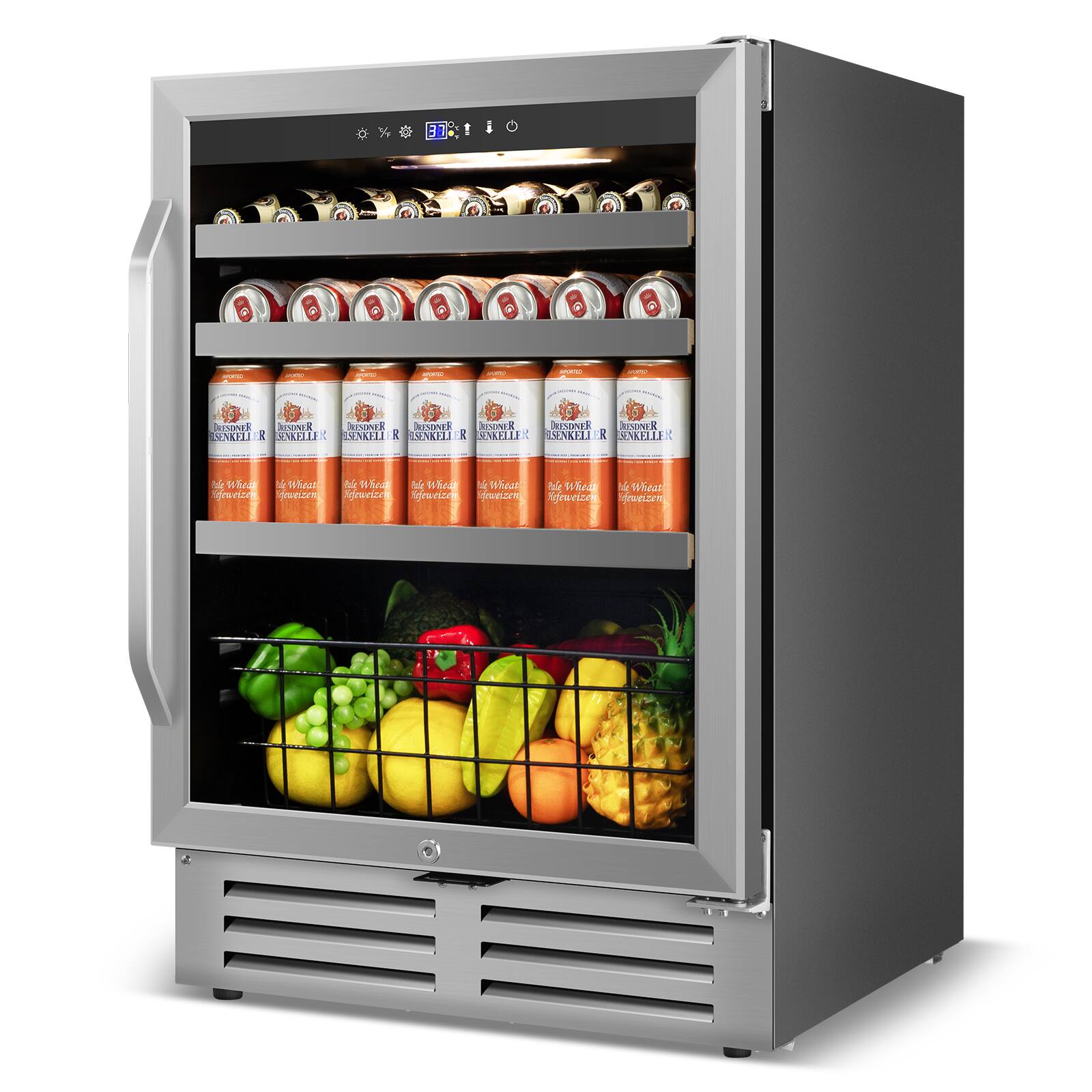 Sure, here is the corrected and grouped text:

---

**Top Shelf:**
- Various cans (not clearly readable)

**Middle Shelf:**
- Risenkeller R
- Hefe Wheat
- Hefeweizen

**Bottom Shelf:**
- Various fruits (not clearly readable)

**Control Panel:**
- (Icons for settings and indicators, not clearly readable)

**Additional Text:**
- LE E ! 2 I - - - | | I ee | - issinas PeeR o PRESTers Be NONTs BISIR ENEFLUER R LIE ONKIILER R EUAKETTER K SEKELLE OAKL R GENRELLEX I - - I | - Tule hd 4 Whuur Te # l M shna d Slr Sale l o Whnat Snenizns Uneoem Rdeweiore Rnrericrn wweicen Senvizne drueszrm

---

The additional text appears to be a mix of random characters and does not form coherent words or phrases.