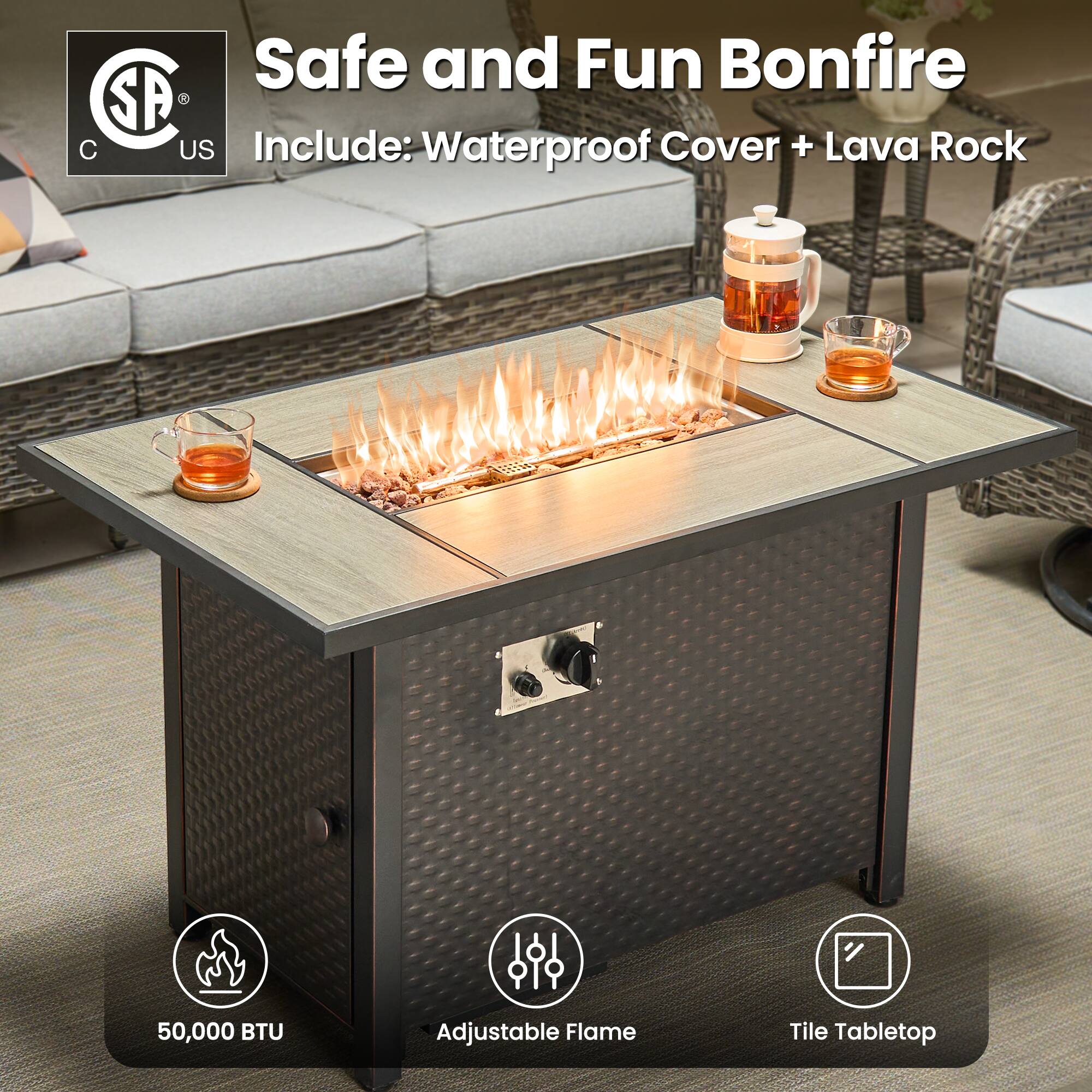 Safe and Fun Bonfire  
Include: Waterproof Cover + Lava Rock  

50,000 BTU  
Adjustable Flame  
Tile Tabletop