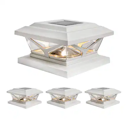 Front. Home Zone Security - Home Zone Security ELI1701V 4 Pack Crown Solar Post Cap Light, 3000K 5000K Adjustable, Dusk to Dawn, White Finish.