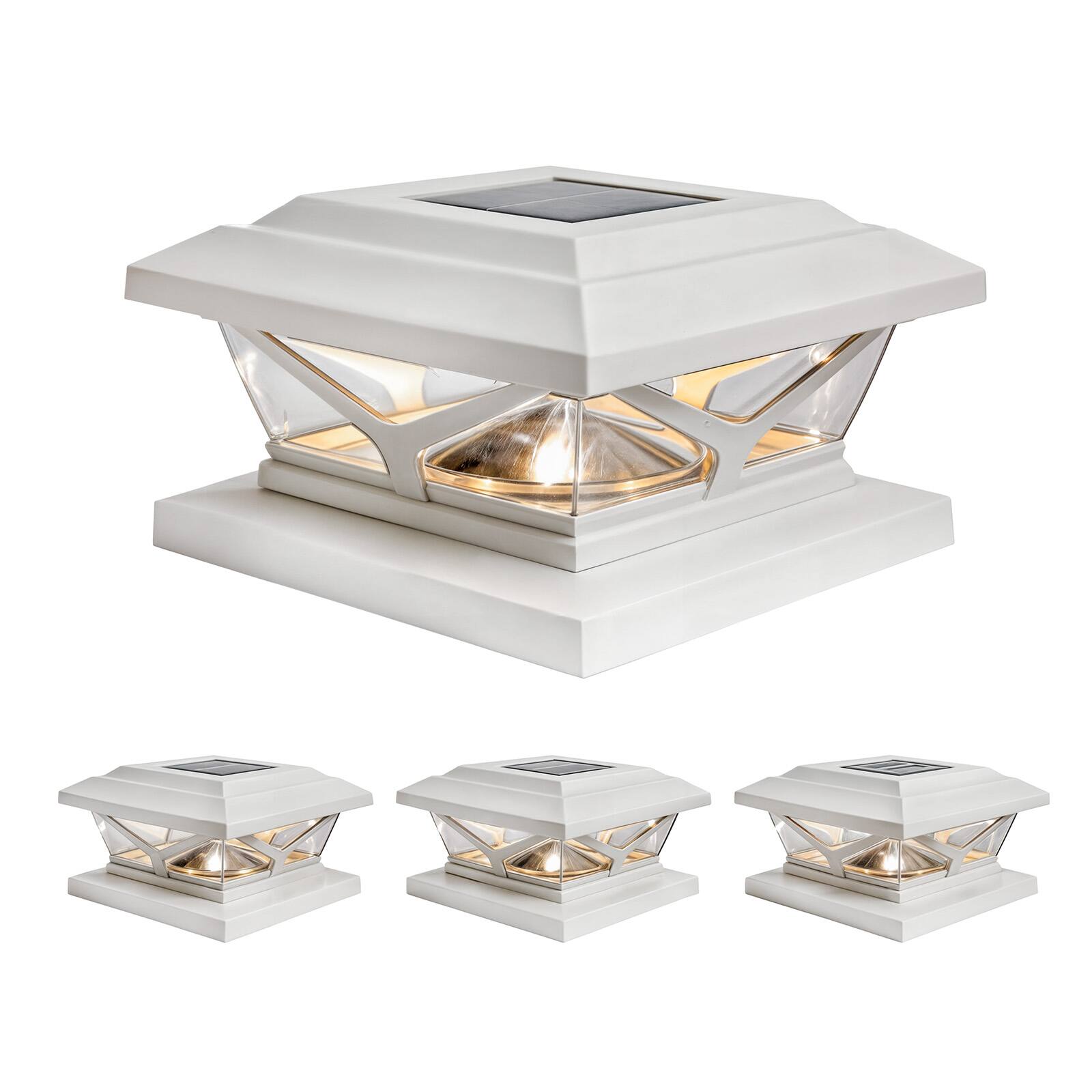 Front. Home Zone Security - Home Zone Security ELI1701V 4 Pack Crown Solar Post Cap Light, 3000K 5000K Adjustable, Dusk to Dawn, White Finish.