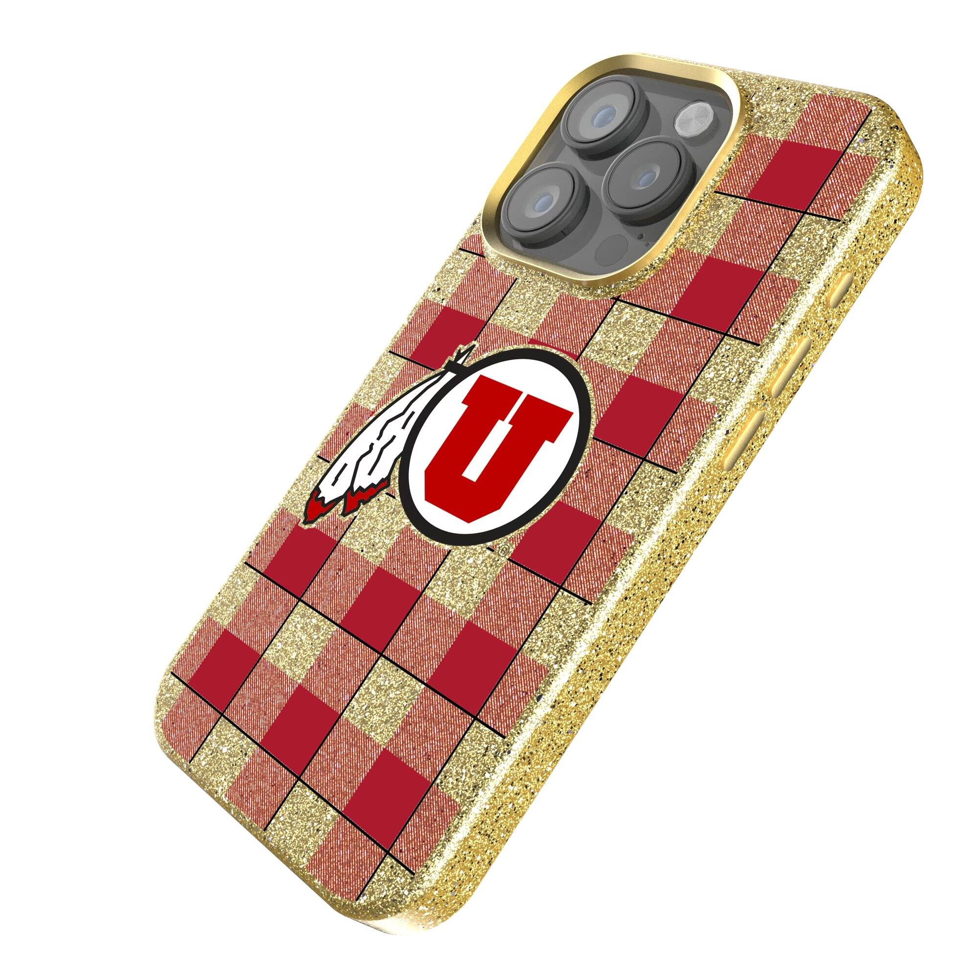 Alt View 1. Keyscaper - Utah Utes Plaid Bling iPhone Case - 14 Plus - Gold.