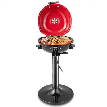 Angle. Costway - Outdoor Portable 1600W Electric BBQ Grill with Temperature Control & Grease Collector Red - Red.