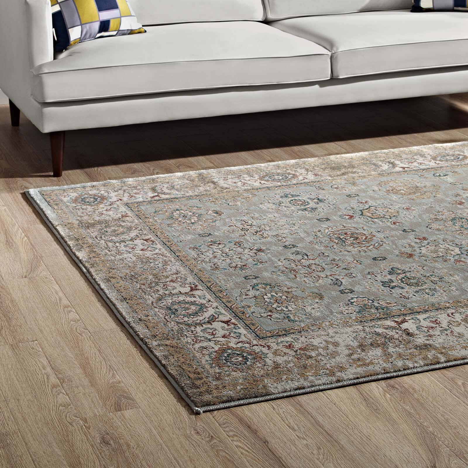 Back. Modway - Hisa Distressed Vintage Floral Lattice Area Rug - Silver Blue Beige and Brown.
