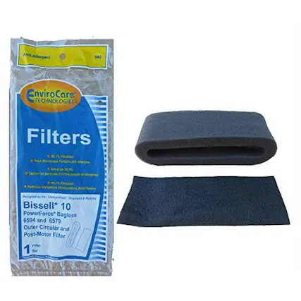 Anti-Allergen!
EnviroCare Technologies Filters
940
Filters
- 99.7% Filtration
- Traps Microscopic Particles and Allergens
- Captures Particulates Microscopic Allergens
- Particulas Alergenicas Microscopicas
Designed for: Bissell 10 PowerForce Bagless 6594 and 6579
Outer Circular and Post-Motor Filter
1 Filter