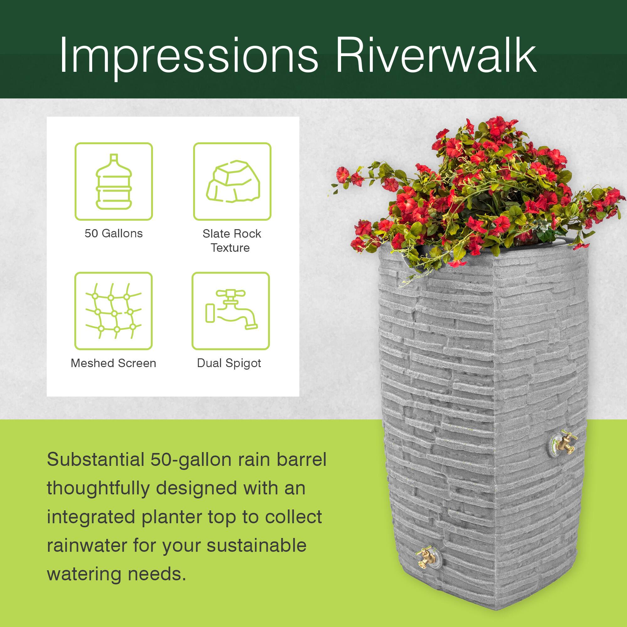 Impressions Riverwalk 50 Gallons Slate Rock Texture Meshed Screen Dual Spigot Substantial 50-gallon rain barrel thoughtfully designed with an integrated planter top to collect rainwater for your sustainable watering needs.