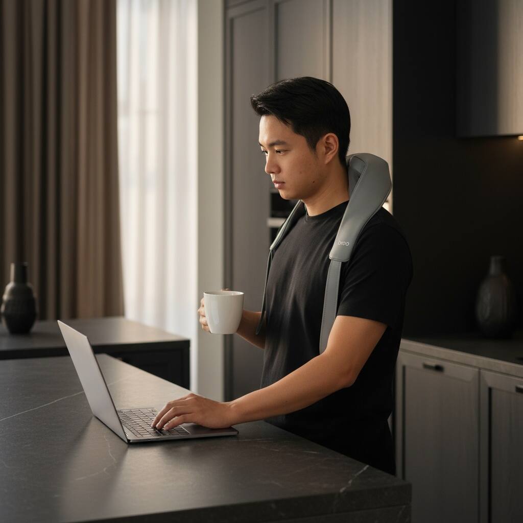 Left. BREO - Neck Massager, Shoulder Opening Deep Tissue with Far-Infrared Heat, 6 Modes, APP & Voice Control, Lightweight, Full-Body - Grey.