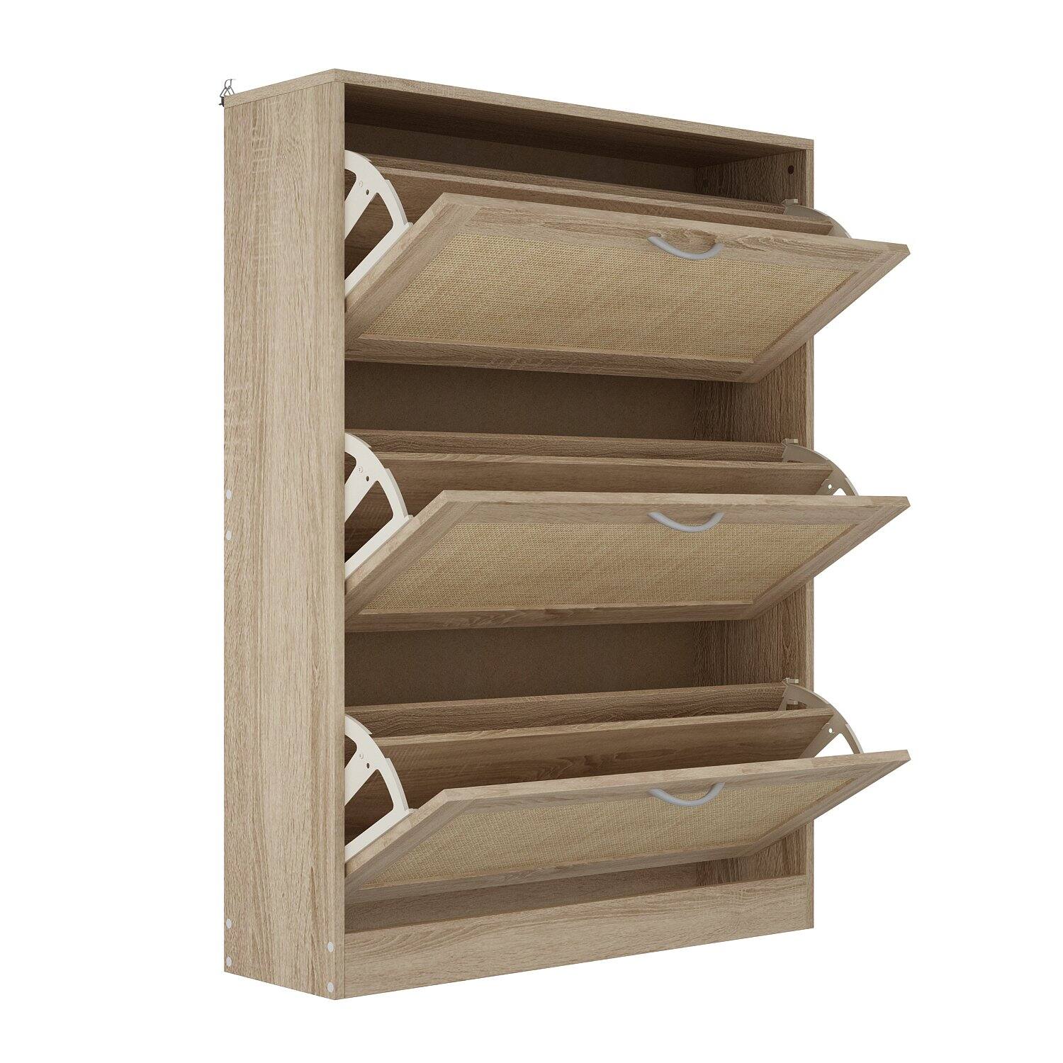 Angle. Famapy - Famapy 3 - Tier Rattan - Front Flip - Down Shoe Cabinet with Adjustable Shelves - Wooden.
