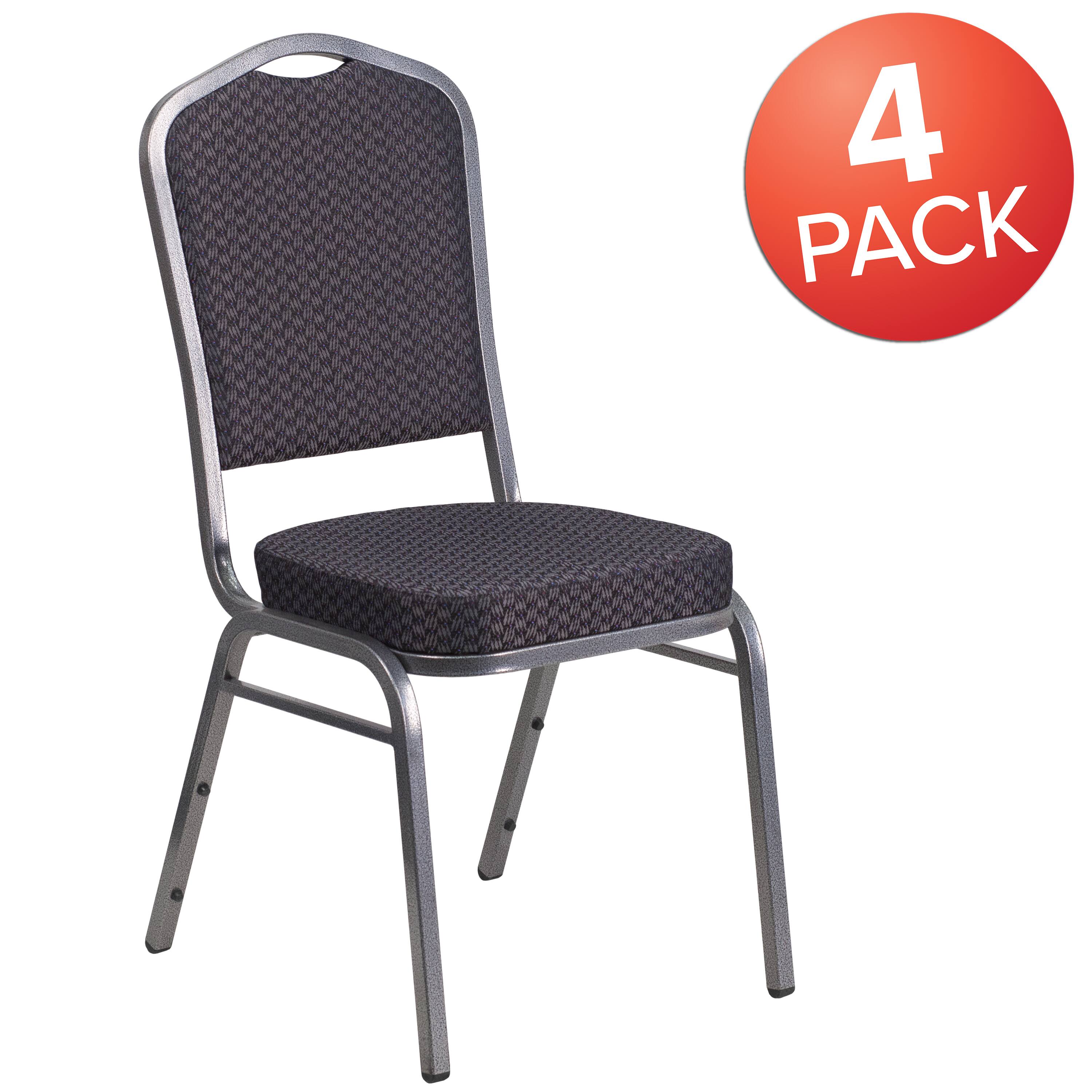 Alt View 1. Emma + Oliver - 4 Pack Crown Back Stacking Banquet Chair - Black Patterned Fabric/Silver Vein Frame.