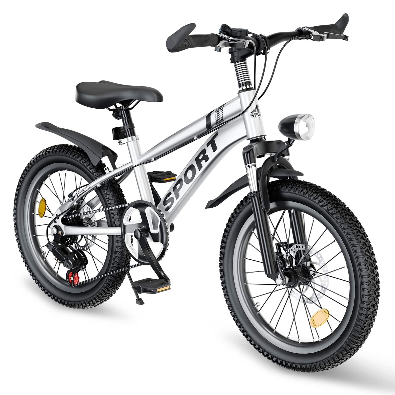 BreeBe - 24" Kids Mountain Bike for Boys & Girls 7-12, 7-Speed, Dual Disc Brakes, Front Shock, LED Light, Pink - Silver