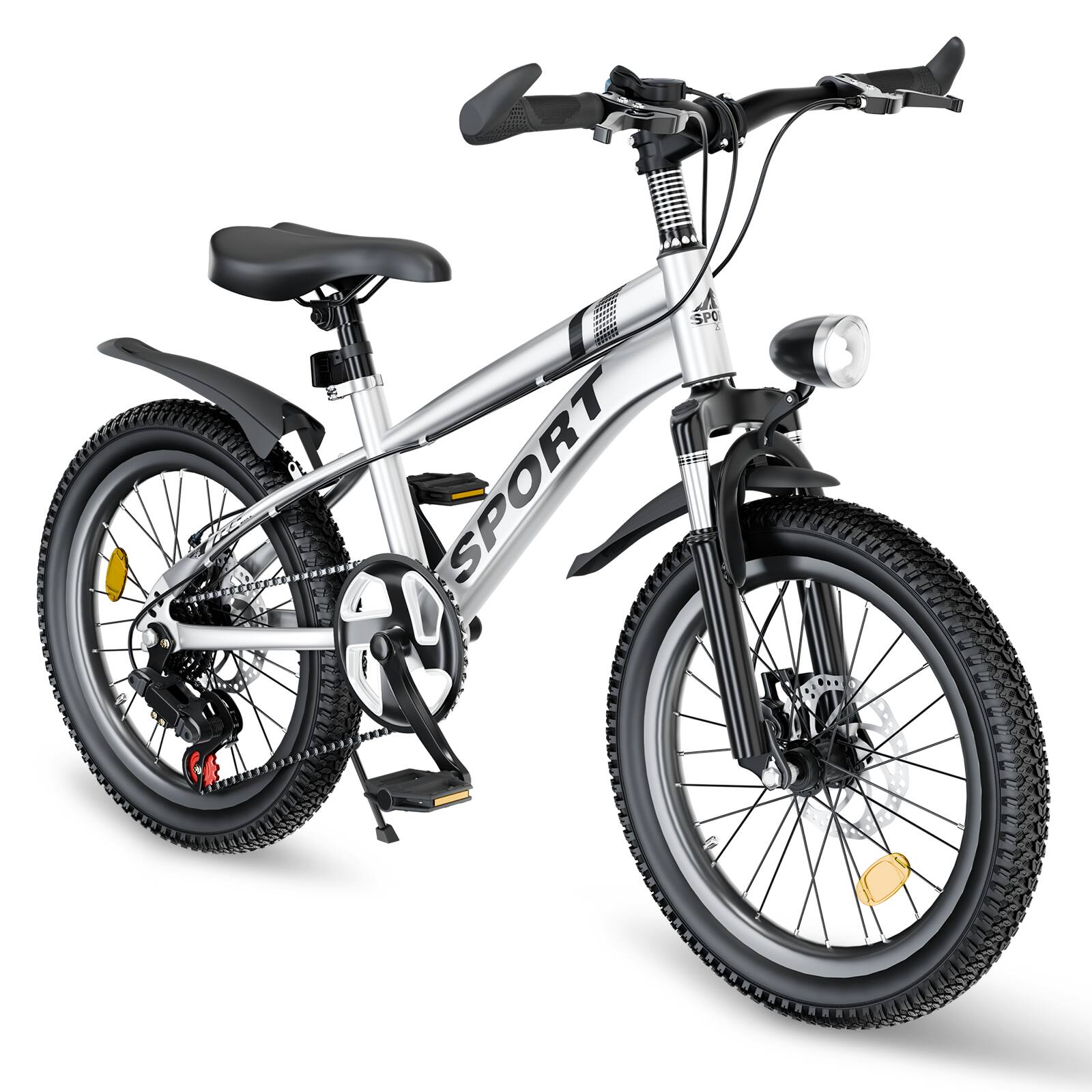 BreeBe - 20" Kids Mountain Bike for Boys & Girls 7-12, 7-Speed, Dual Disc Brakes, Front Shock, LED Light, Pink - Silver