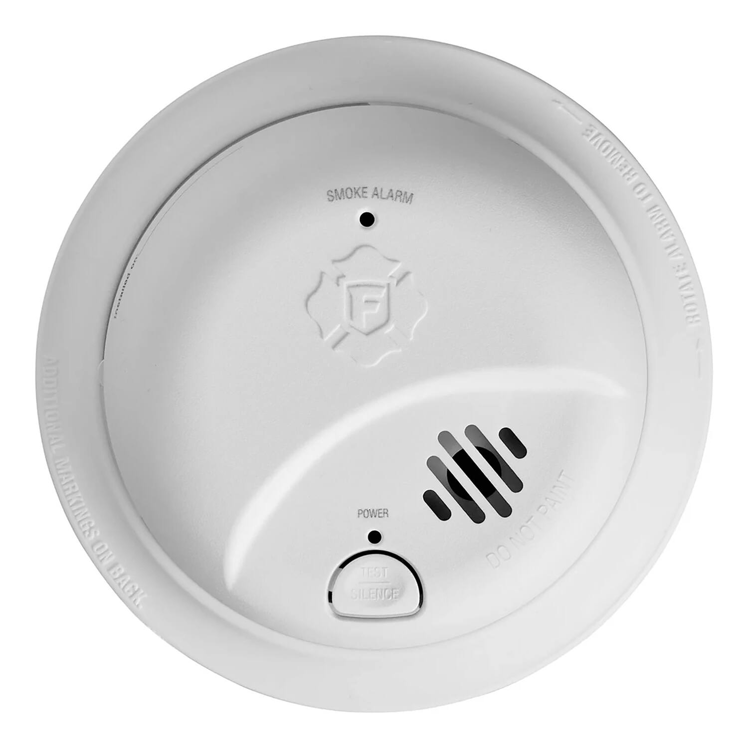 Additional markings on back: Smoke alarm, Power test, Silence, Remove test alarm, IV rotate, Do not paint, Paint not do