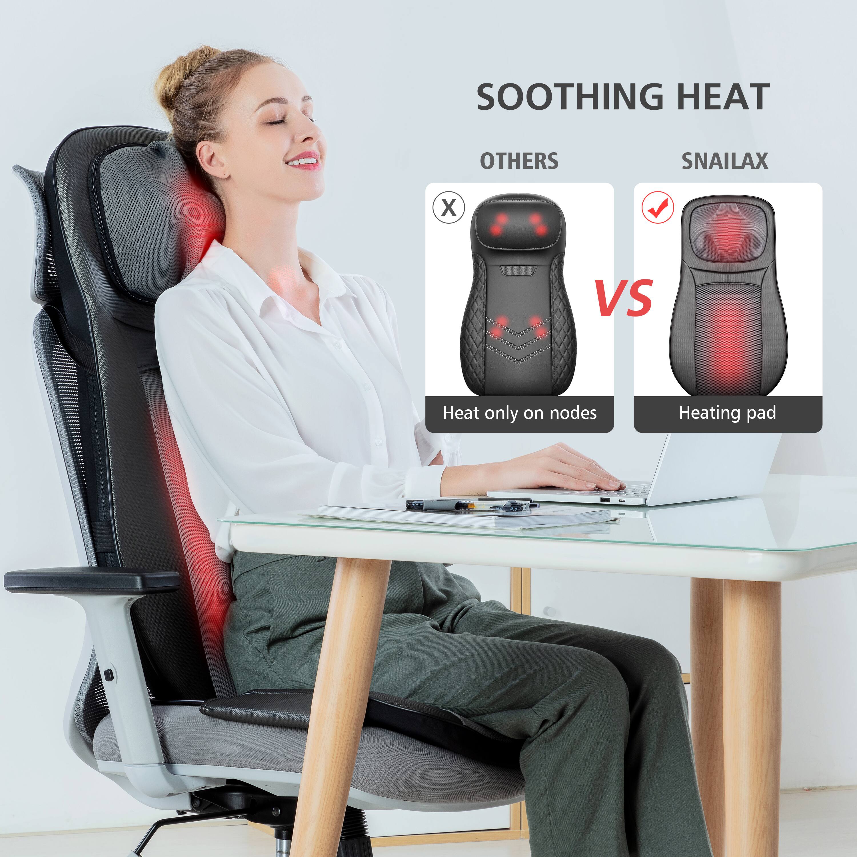 The text in the image can be grouped and corrected as follows:

**Soothing Heat**

**Others**  
Heat only on nodes

**VS**

**Snailax**  
Heating pad