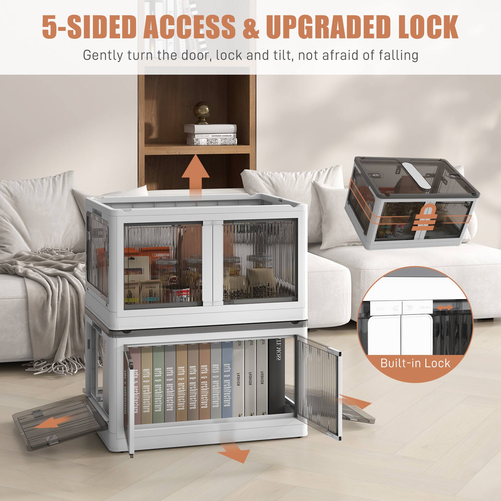 5-SIDED ACCESS & UPGRADED LOCK
Gently turn the door, lock and tilt, not afraid of falling
Built-in Lock