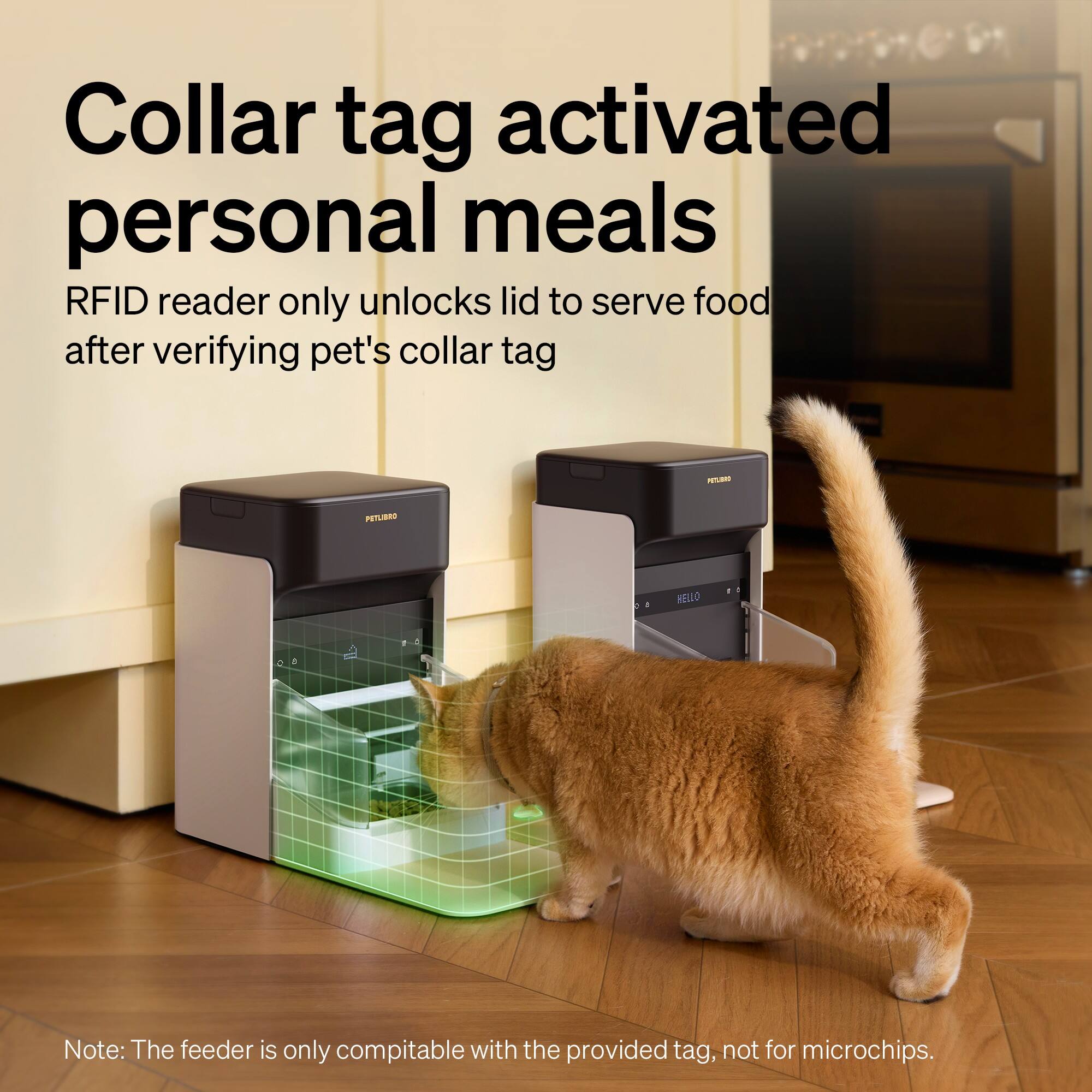 Collar tag activated personal meals RFID reader only unlocks lid to serve food after verifying pet's collar tag. Note: The feeder is only compatible with the provided tag, not for microchips.