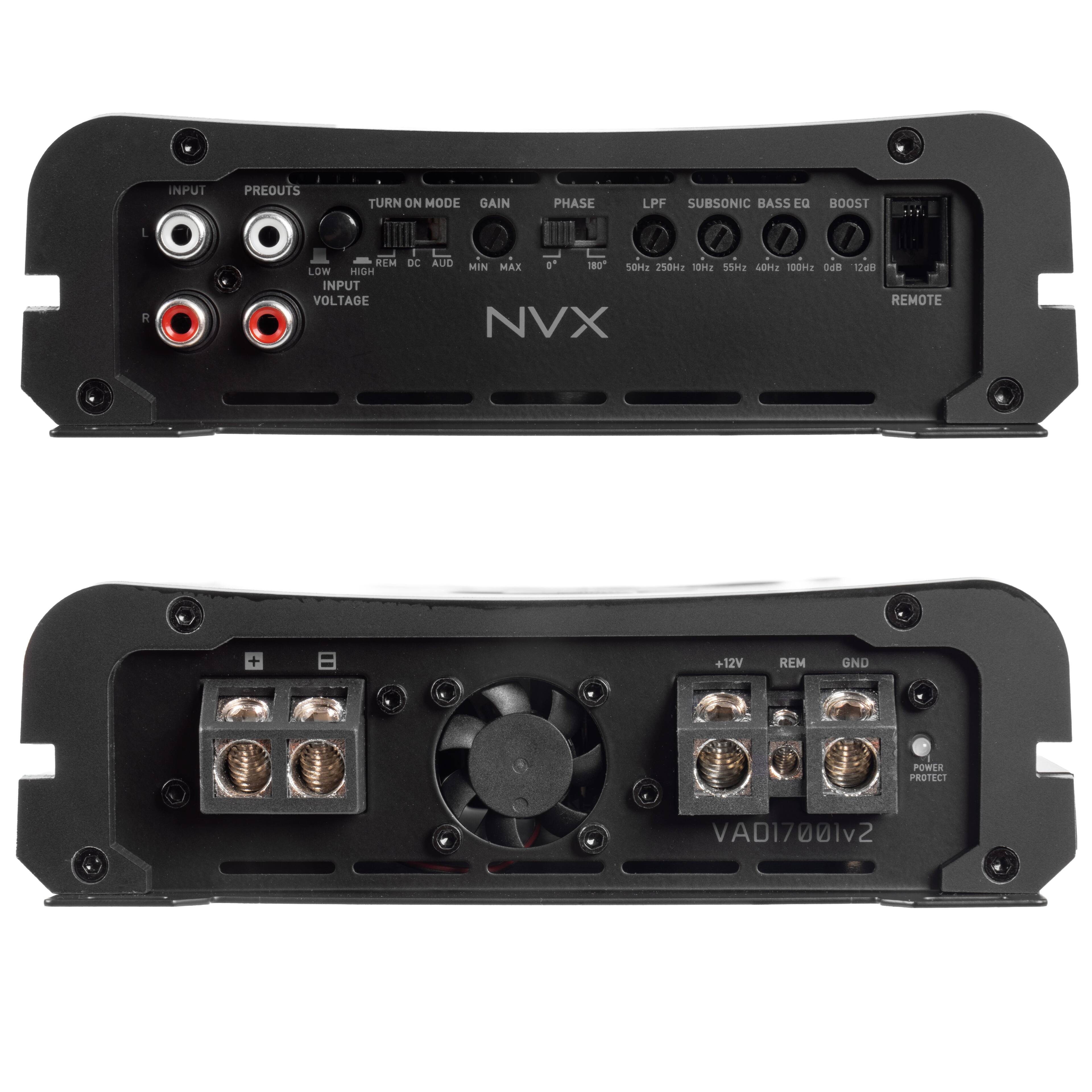 INPUT PREOUTS TURN ON MODE GAIN PHASE LPF SUBSONIC BASS EQ BOOST I A REM LOW HIGH INPUT VOLTAGE DC AUD MIN MAX SOH 180 250M2 12H2 55Hz OM2 100H OJR BPZ REMOTE NVX + +12V REM GND POWER PROTECT VAD17001v2