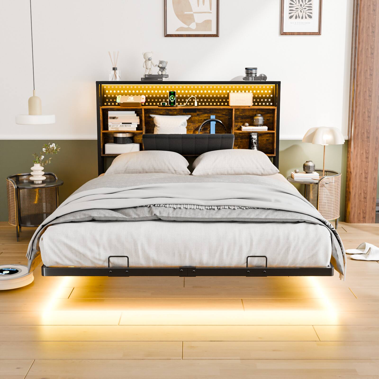 Alt View 9. Winado - Queen Size Versatile Metal Bed Frame with Charging Station, LED Lights,Hidden Storage Headboard,No Box Spring Needed - Industrial Brown.