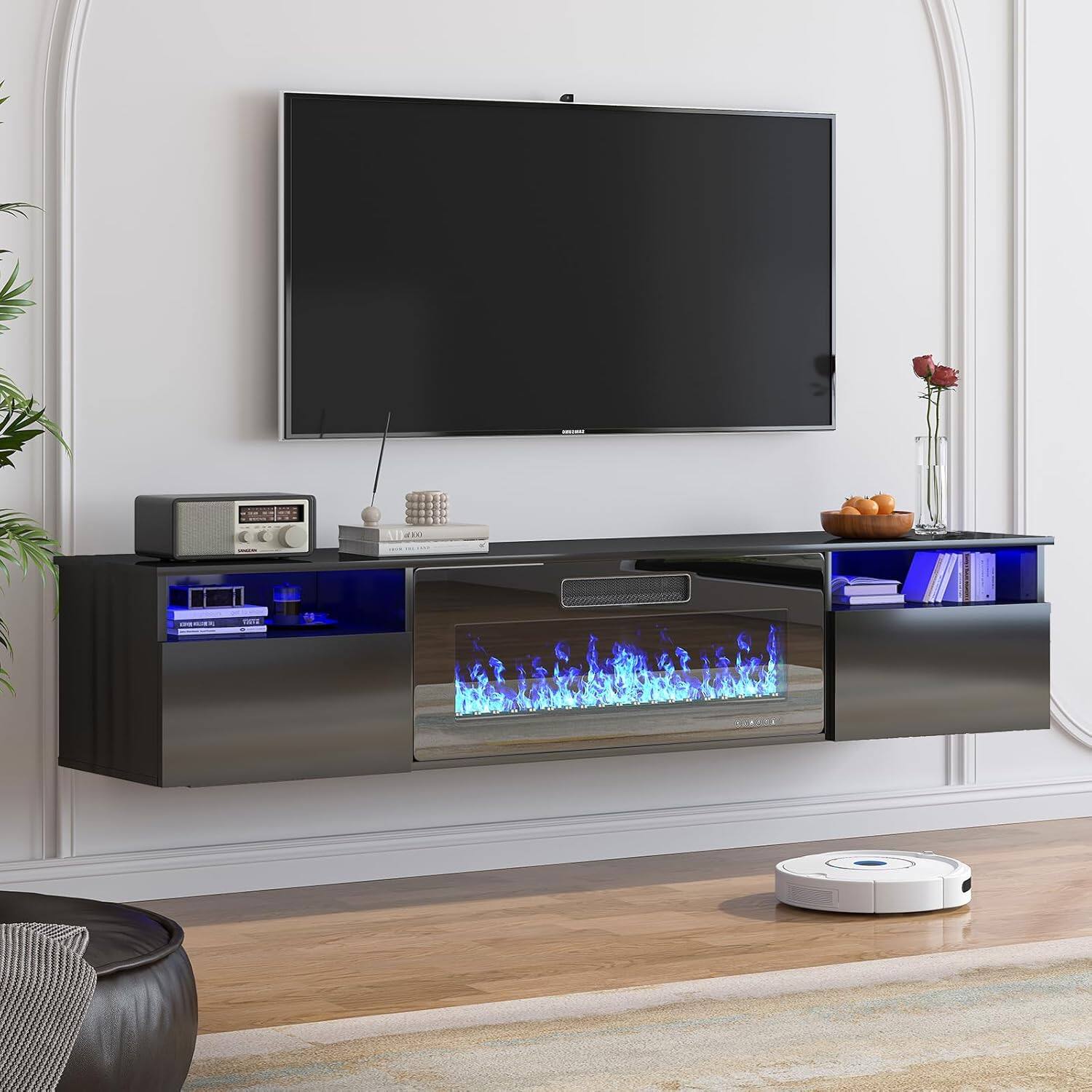 Alt View 2. Circus Cirle - 80" Floating TV Stand with 36" Electric Fireplace Heater - Black.