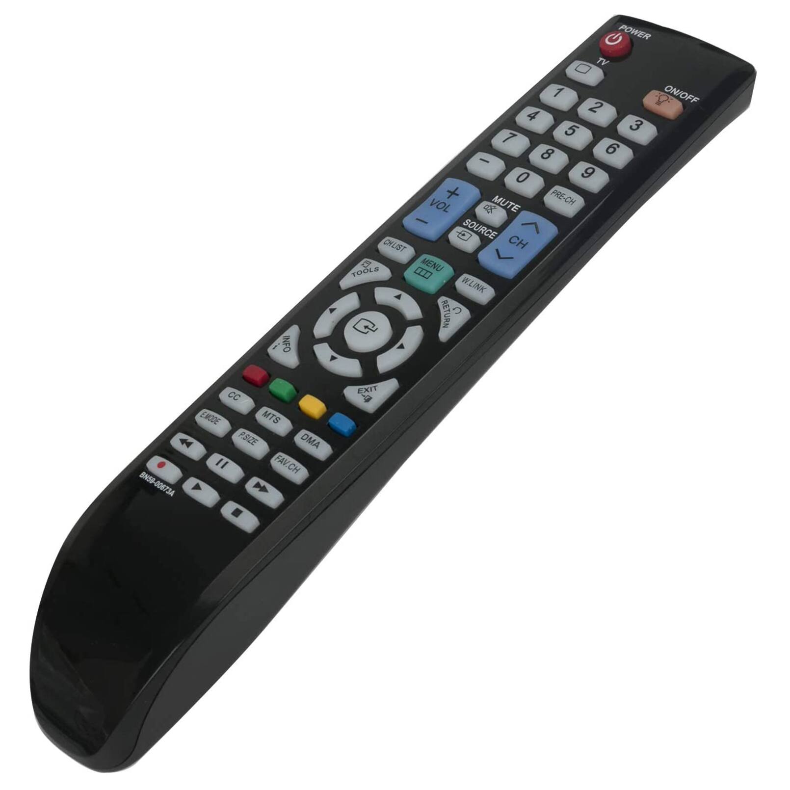 NFO POWER TV 1 ON/OFF 4 2 5 3 1 8 6 - 0 9 + PRE-CH VOL 4 MUTE - SOURCE CH/TOOLS ..0 MENU WLINK RETURN CC MOD MTS 44 PSIZE DMA " FAV.CH BN59-00673A . EXIT