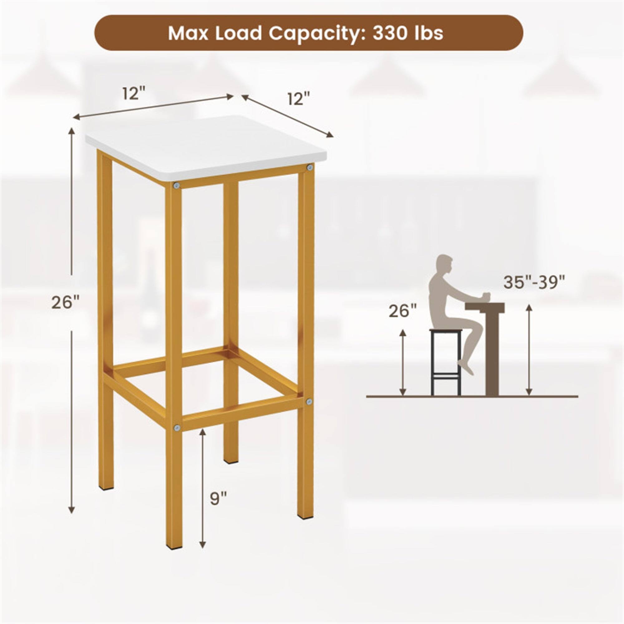 Max Load Capacity: 330 lbs

12" x 12" top

26" height

9" leg width

35"-39" adjustable height