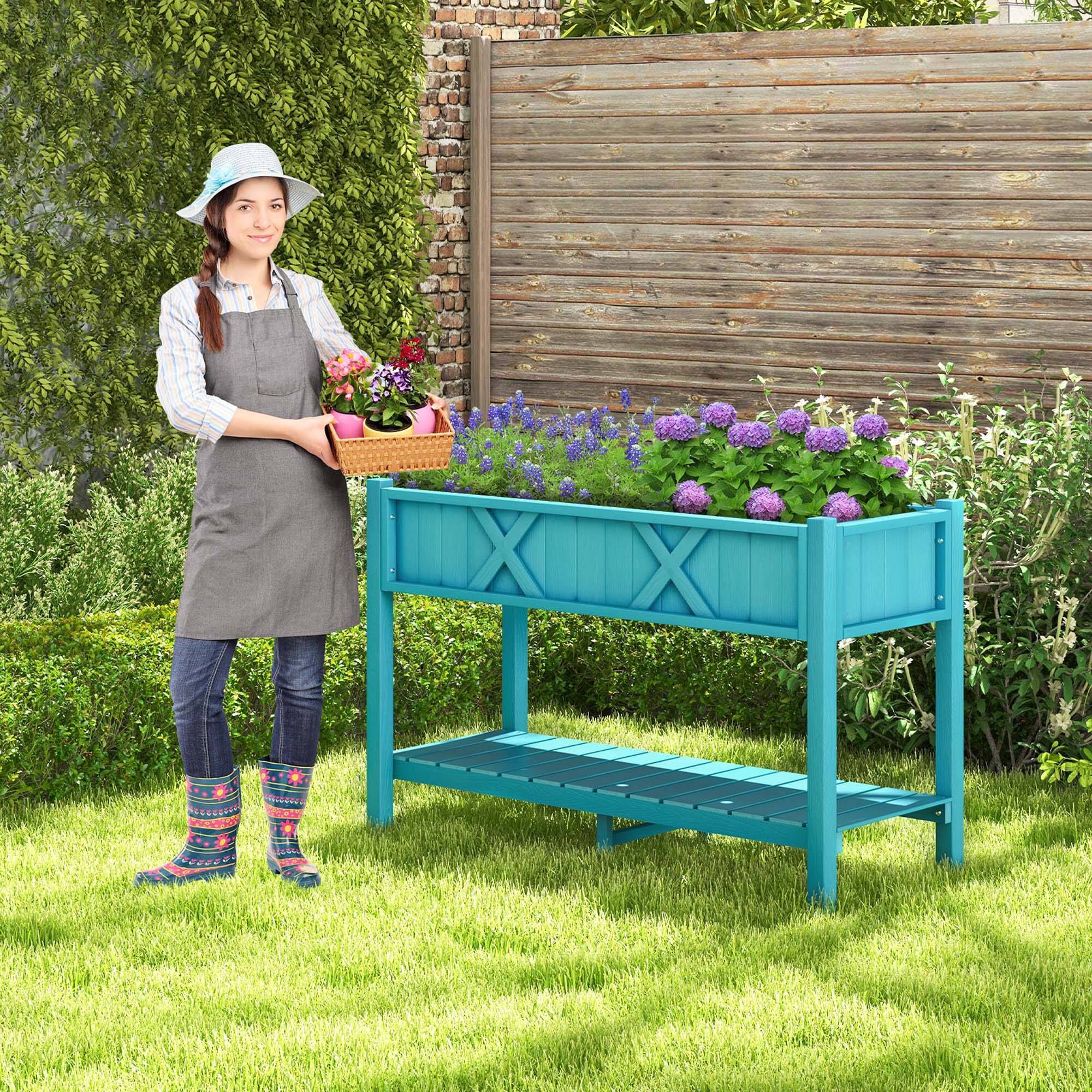 Alt View 3. Costway - HIPS Raised Garden Bed Poly Wood Elevated Planter Box with Legs, Storage Shelf - Blue.