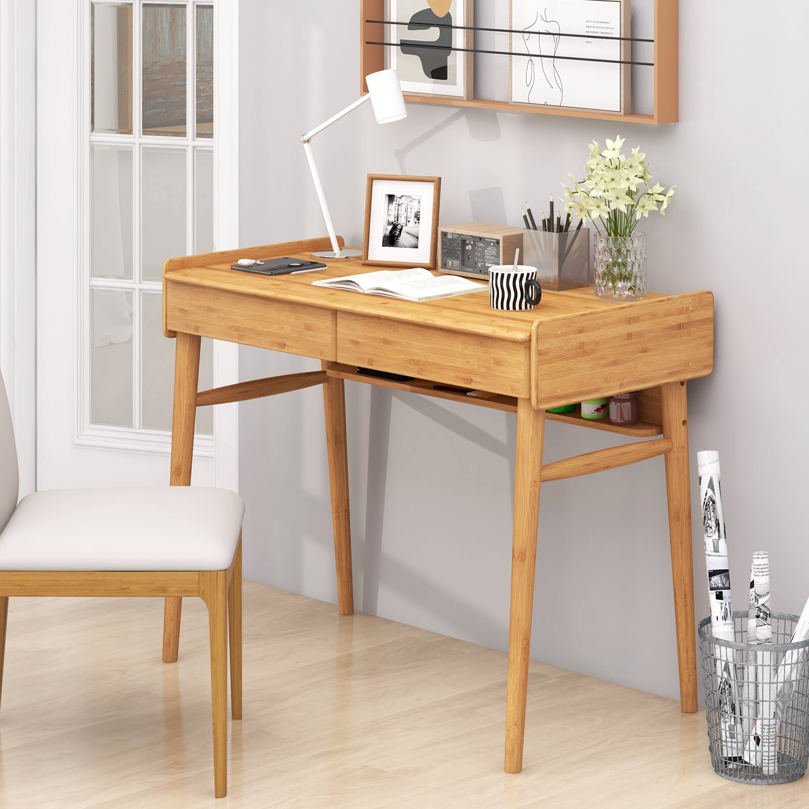 Alt View 1. Ecooso - Bamboo Writing Desk with 2 Drawers, Open Shelf Workstation for Home Office and Study - Natural.