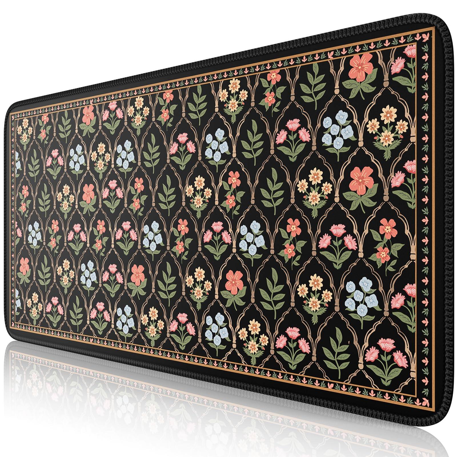 Cozy Serene - Floral Xxl Mouse Pad And With Stitched Edges Extended Mousepad Gaming Moroccan Mats For Desk Office Mat Extended Desk - A-black